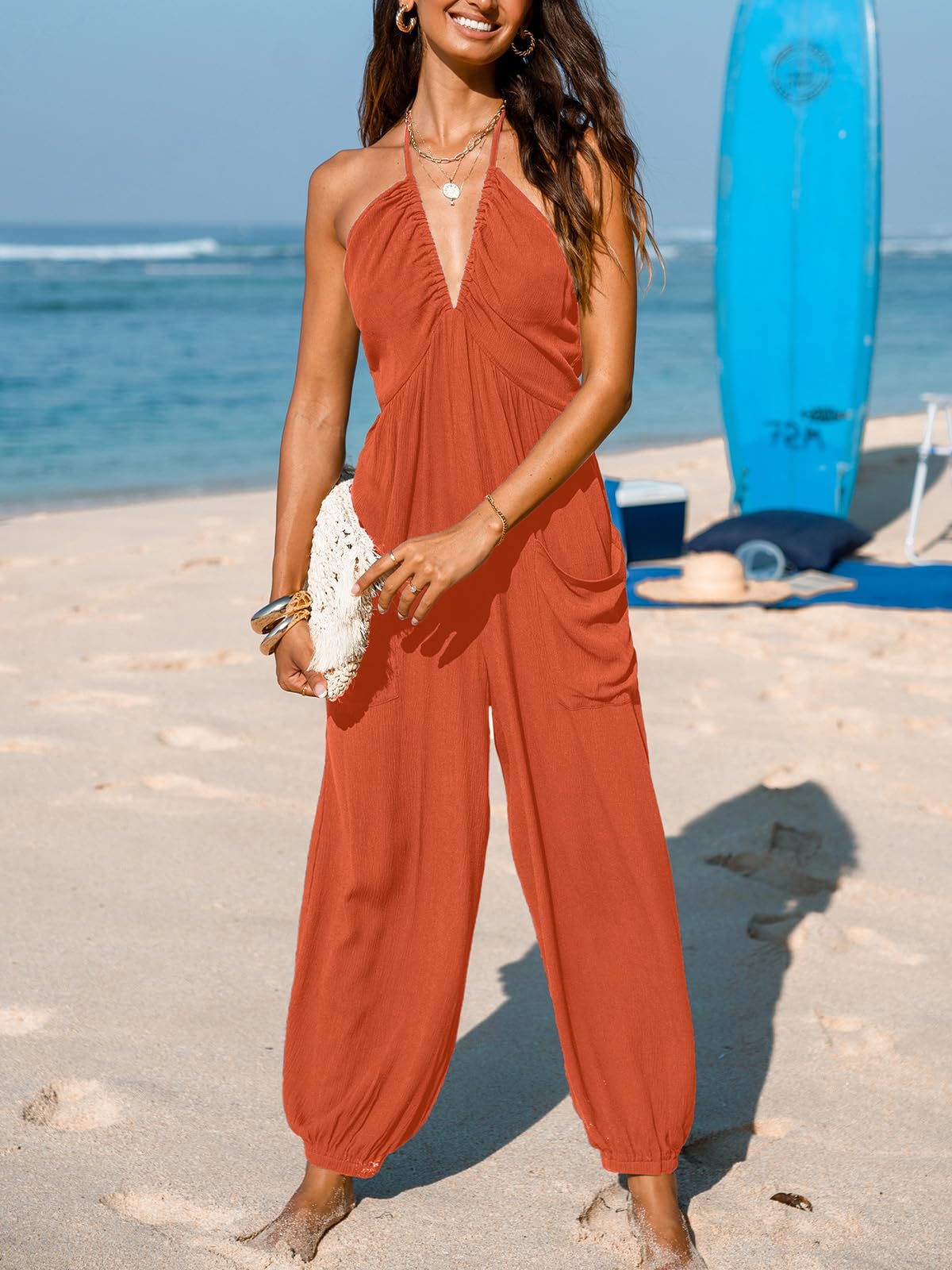 CUPSHE Women's Plunge Halter Sleeveless Pleated Long Romper Knit Jogger Maxi Jumpsuit with Pockets