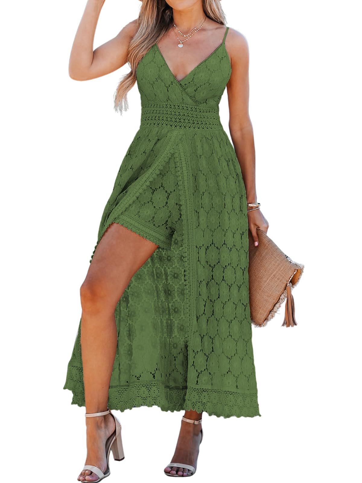 CUPSHE Women's Ruching Smocking Jumpsuit Summer Slip V Neck Backless Maxi High Low