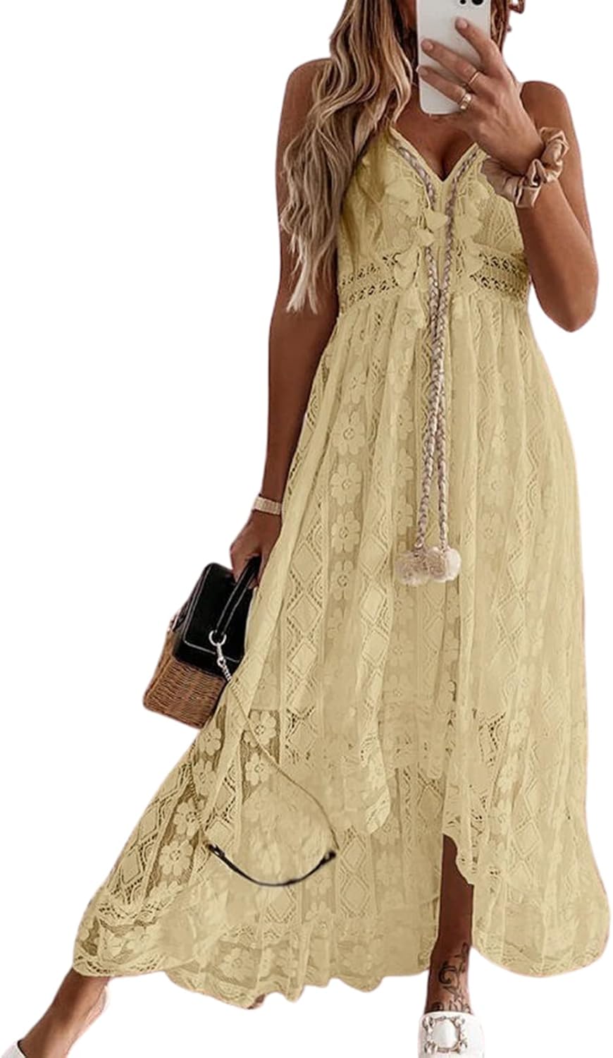 CUPSHE Women's Summer Dresses Sleeveless Lace Casual Tassel Beach Spaghetti Straps Flowy Maxi Sun Dress