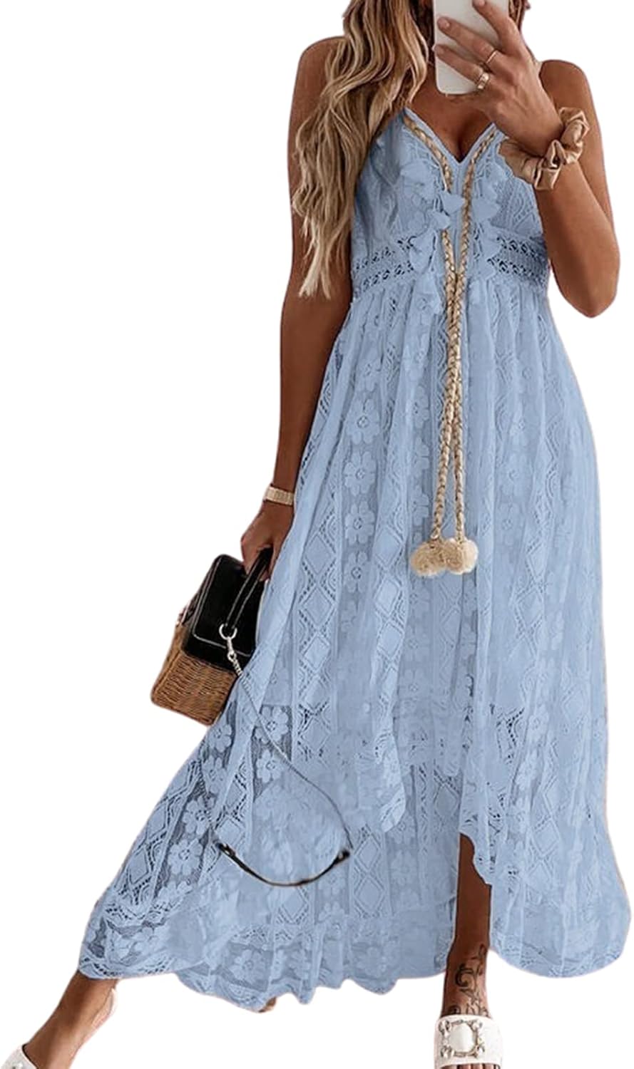 CUPSHE Women's Summer Dresses Sleeveless Lace Casual Tassel Beach Spaghetti Straps Flowy Maxi Sun Dress