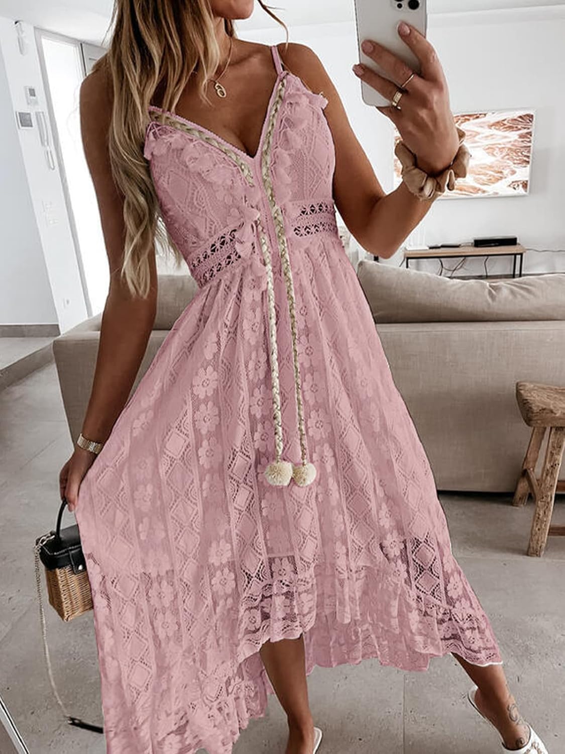 CUPSHE Women's Summer Dresses Sleeveless Lace Casual Tassel Beach Spaghetti Straps Flowy Maxi Sun Dress