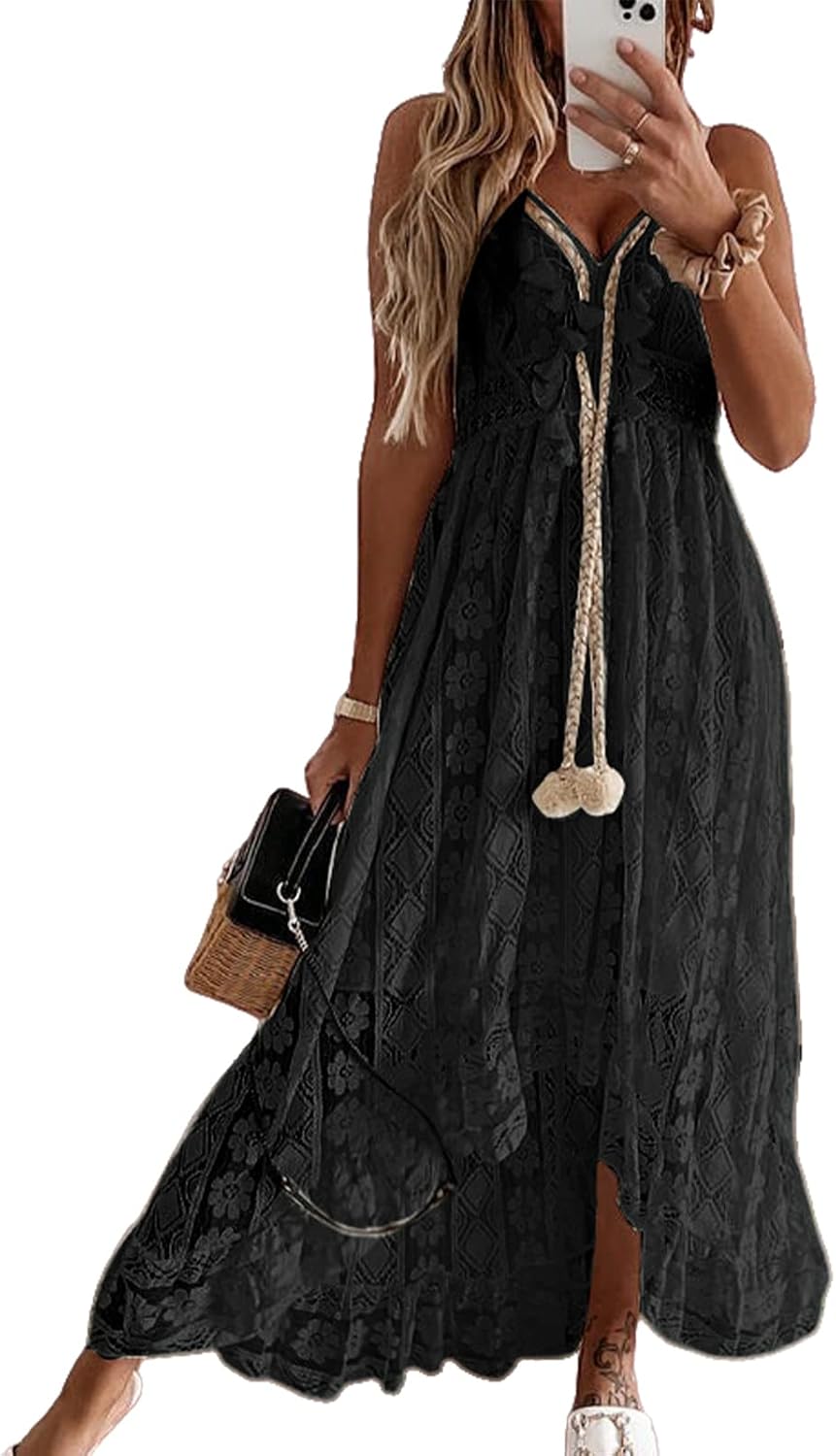 CUPSHE Women's Summer Dresses Sleeveless Lace Casual Tassel Beach Spaghetti Straps Flowy Maxi Sun Dress