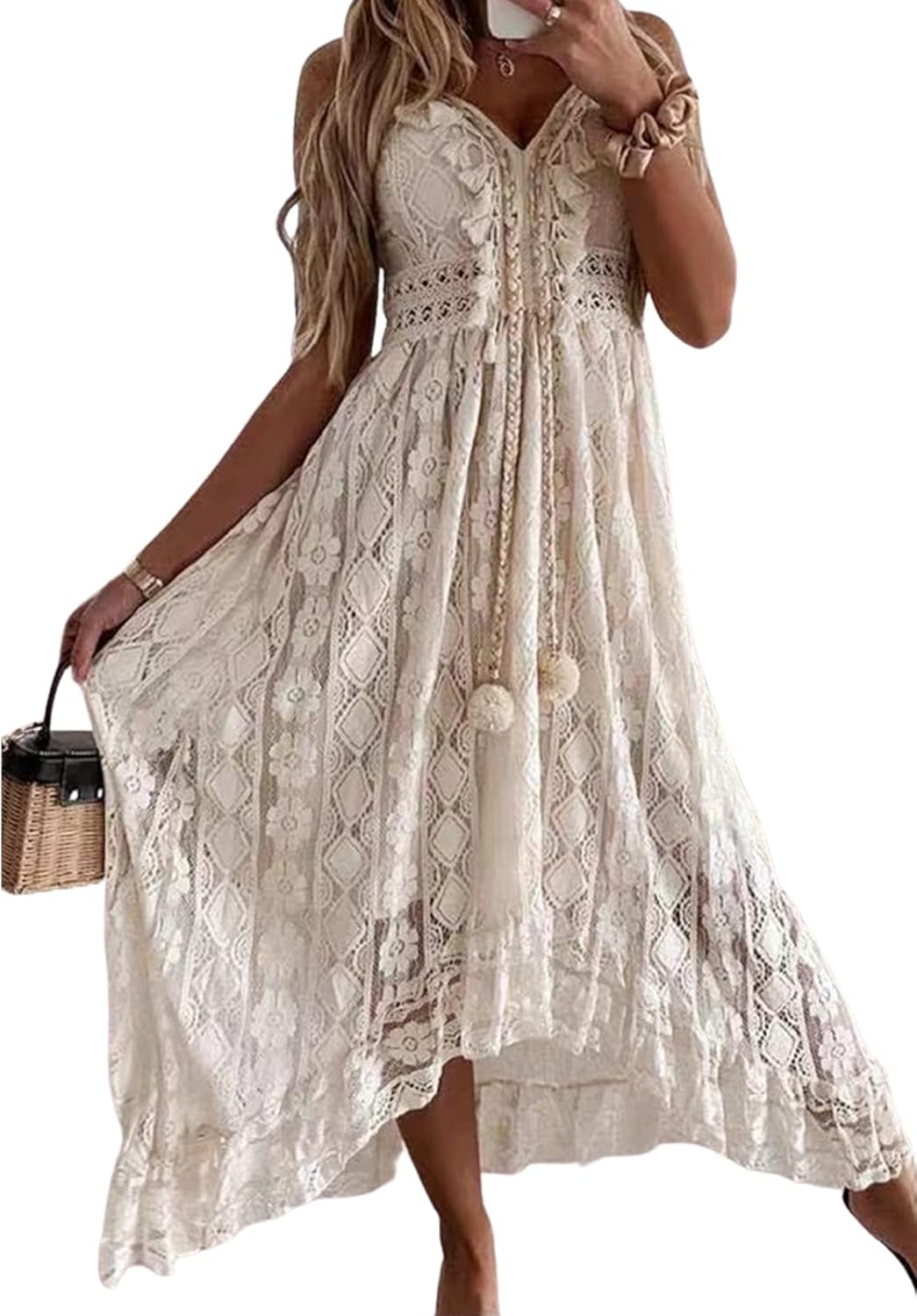 CUPSHE Women's Summer Dresses Sleeveless Lace Casual Tassel Beach Spaghetti Straps Flowy Maxi Sun Dress