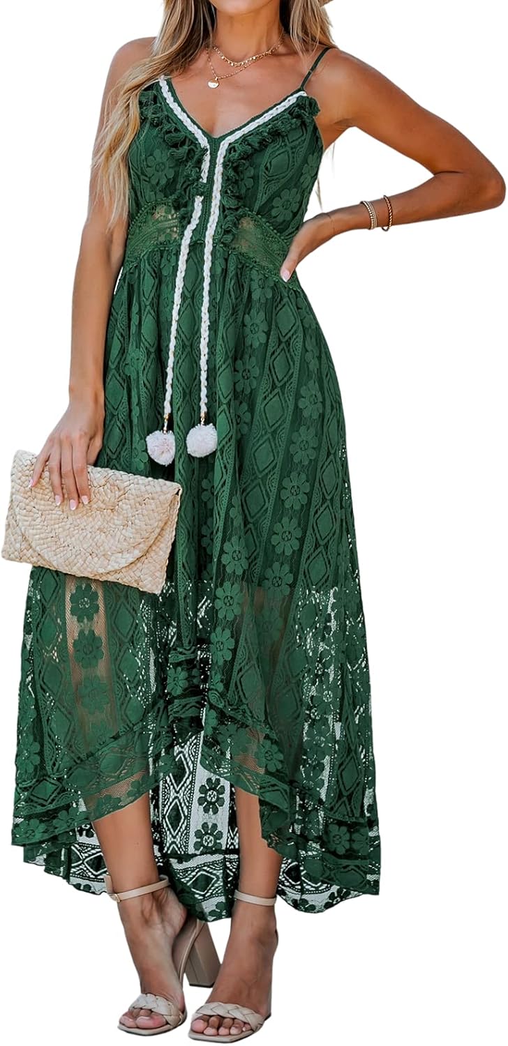 CUPSHE Women's Summer Dresses Sleeveless Lace Casual Tassel Beach Spaghetti Straps Flowy Maxi Sun Dress