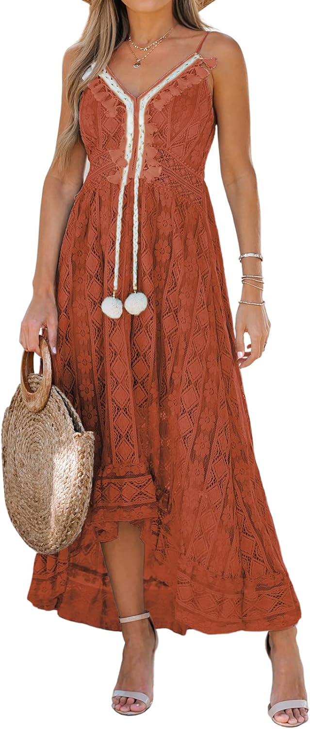 CUPSHE Women's Summer Dresses Sleeveless Lace Casual Tassel Beach Spaghetti Straps Flowy Maxi Sun Dress