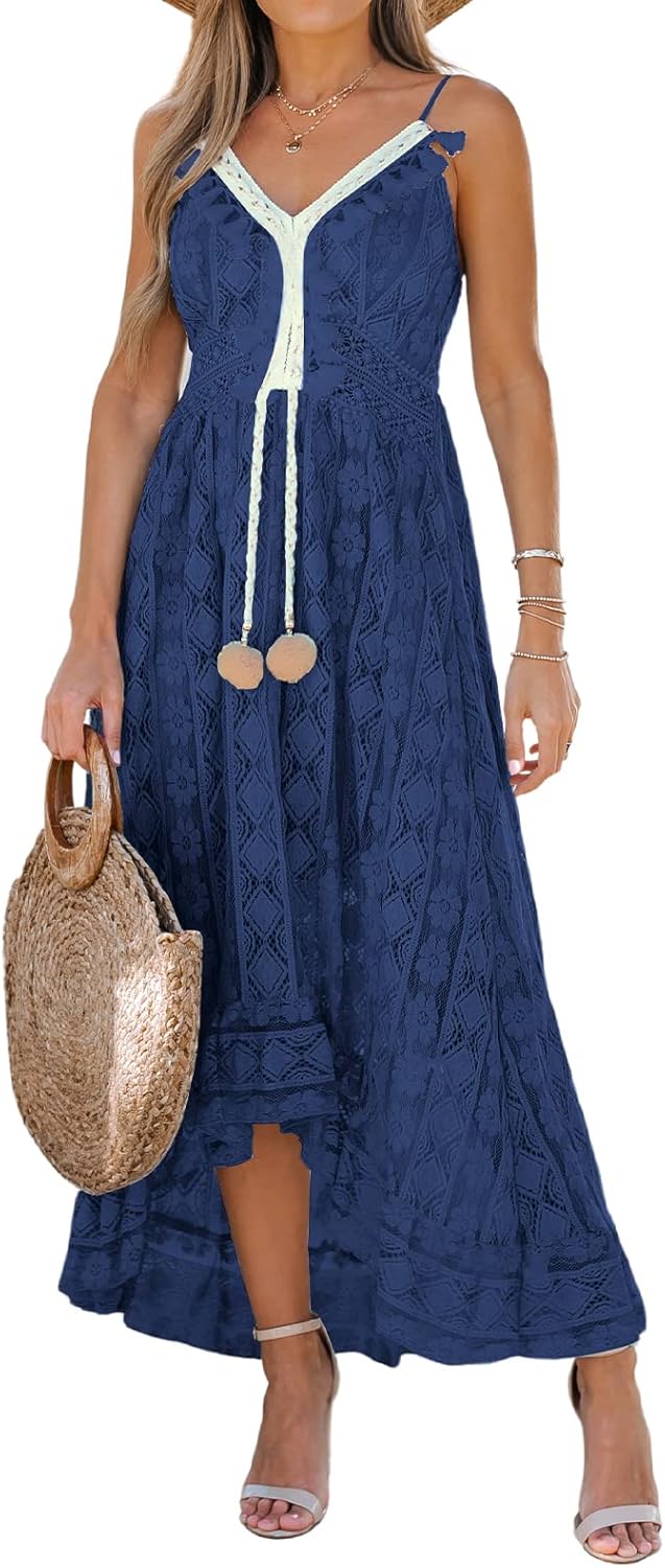CUPSHE Women's Summer Dresses Sleeveless Lace Casual Tassel Beach Spaghetti Straps Flowy Maxi Sun Dress