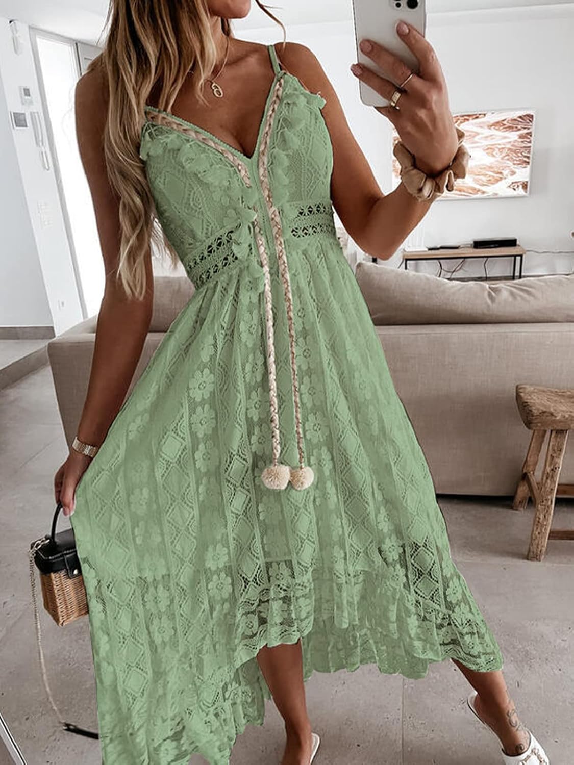 CUPSHE Women's Summer Dresses Sleeveless Lace Casual Tassel Beach Spaghetti Straps Flowy Maxi Sun Dress