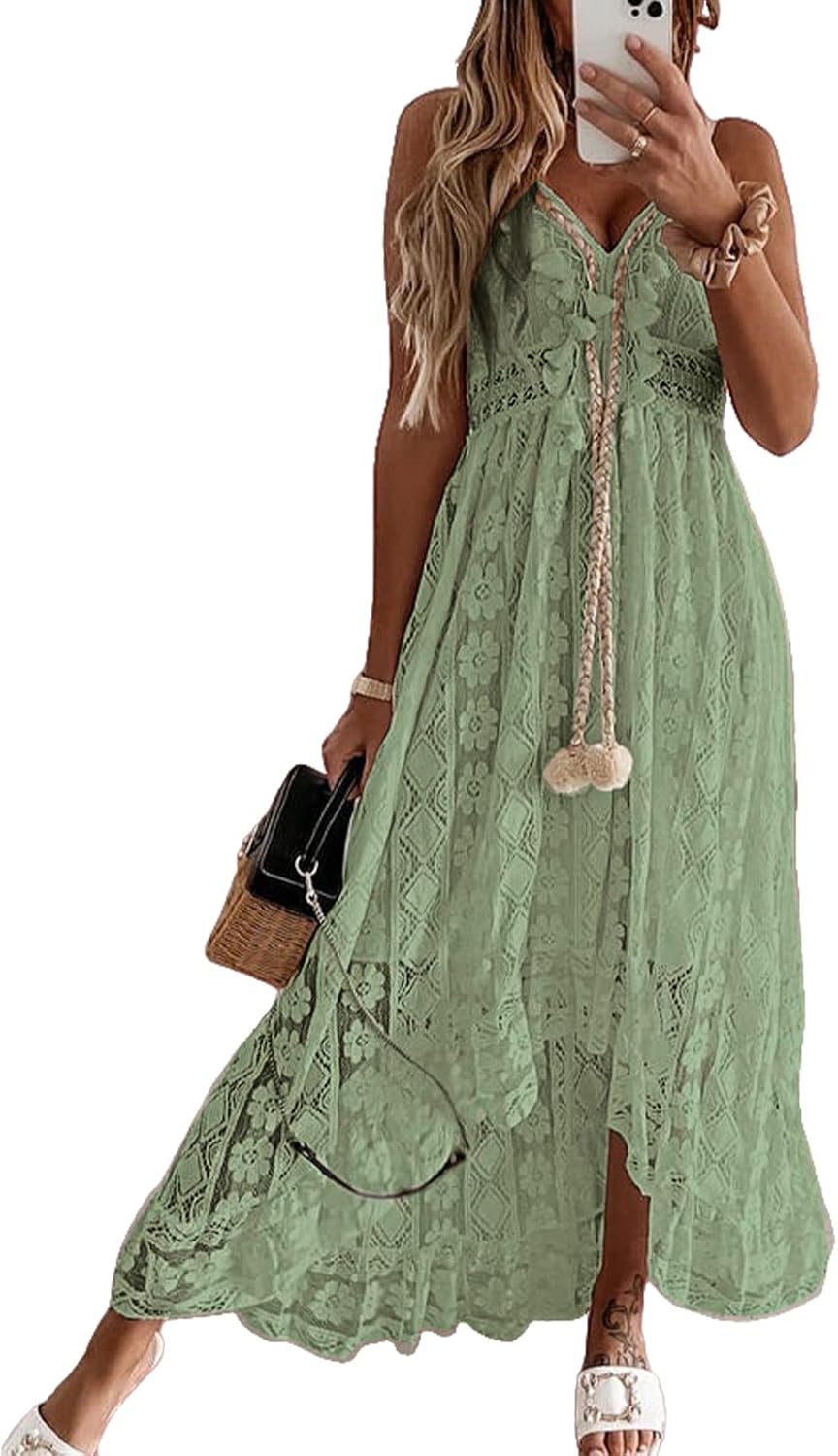 CUPSHE Women's Summer Dresses Sleeveless Lace Casual Tassel Beach Spaghetti Straps Flowy Maxi Sun Dress