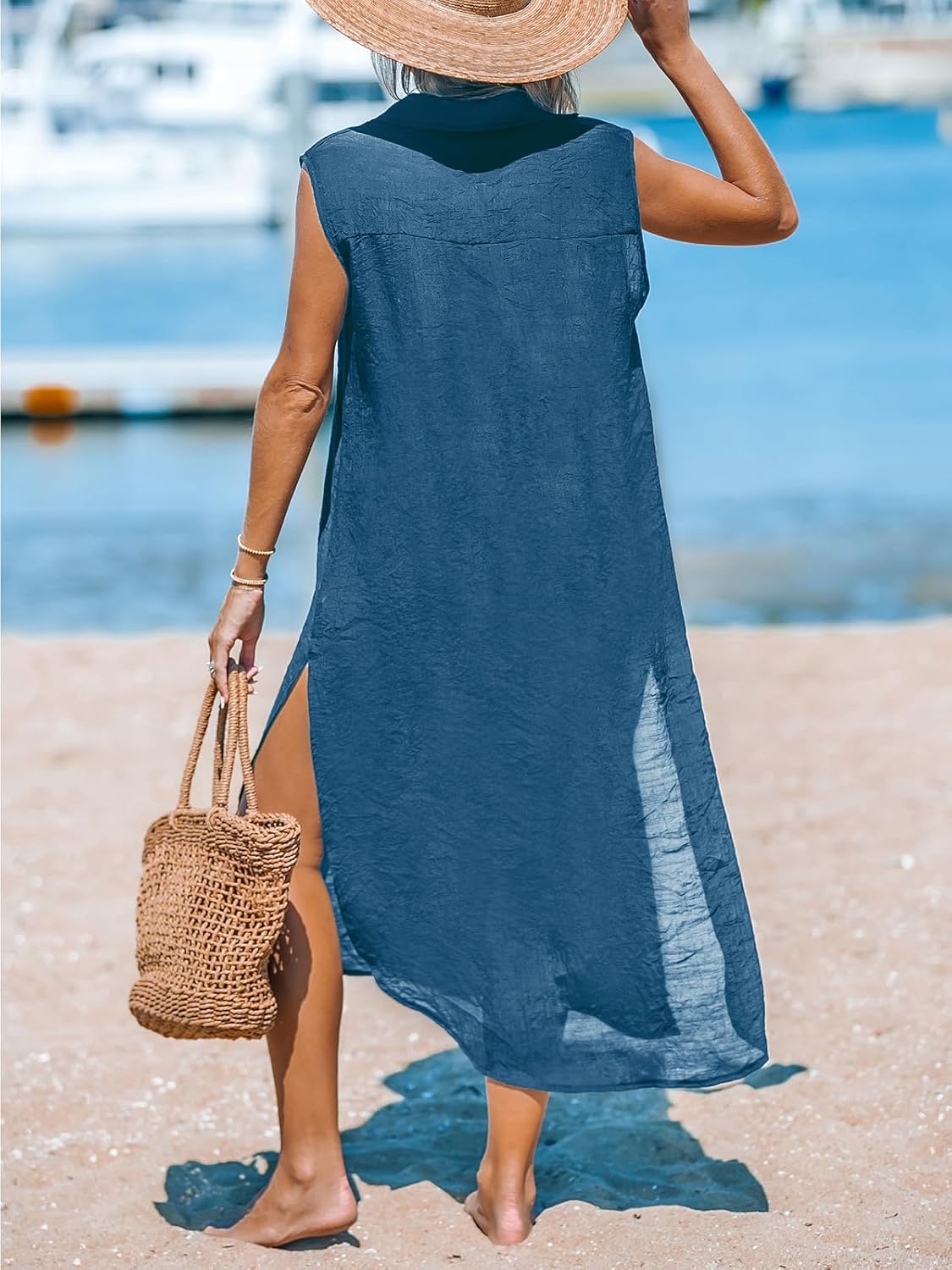 CUPSHE Women's Swimsuit Coverup Casual Sleeveless Side Split Long Cardigans V Neck Midi Beach Dress