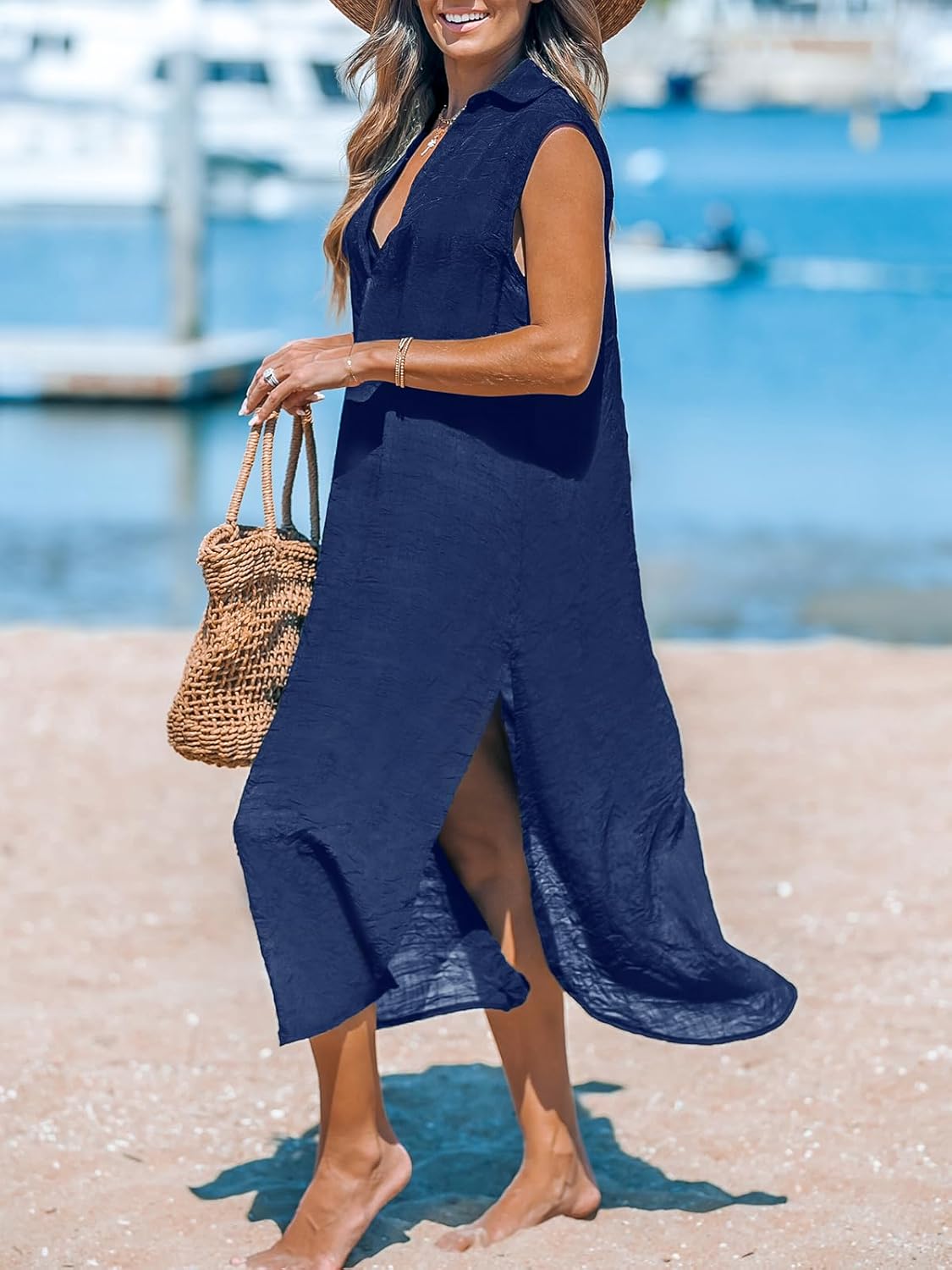 CUPSHE Women's Swimsuit Coverup Casual Sleeveless Side Split Long Cardigans V Neck Midi Beach Dress