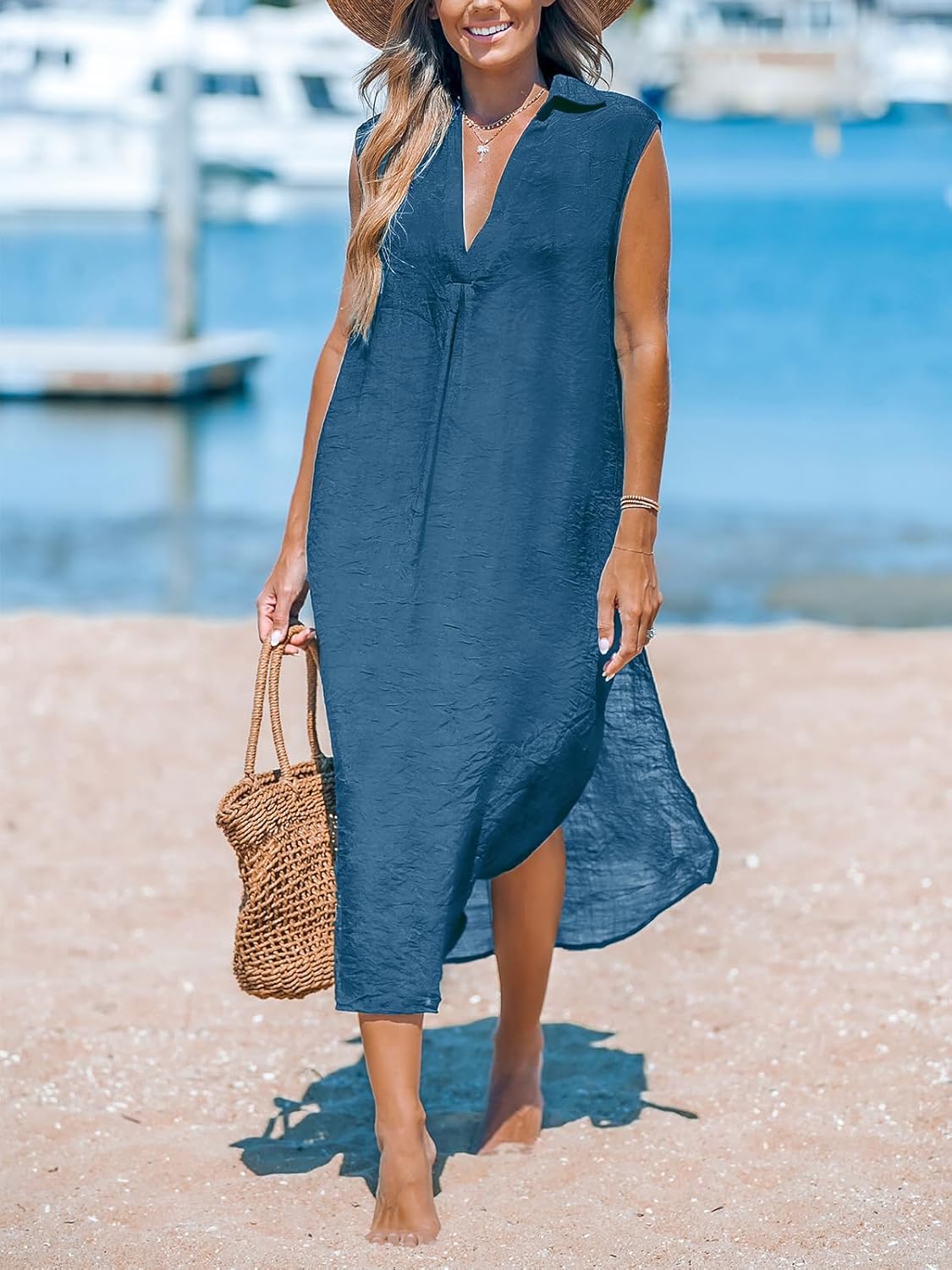 CUPSHE Women's Swimsuit Coverup Casual Sleeveless Side Split Long Cardigans V Neck Midi Beach Dress