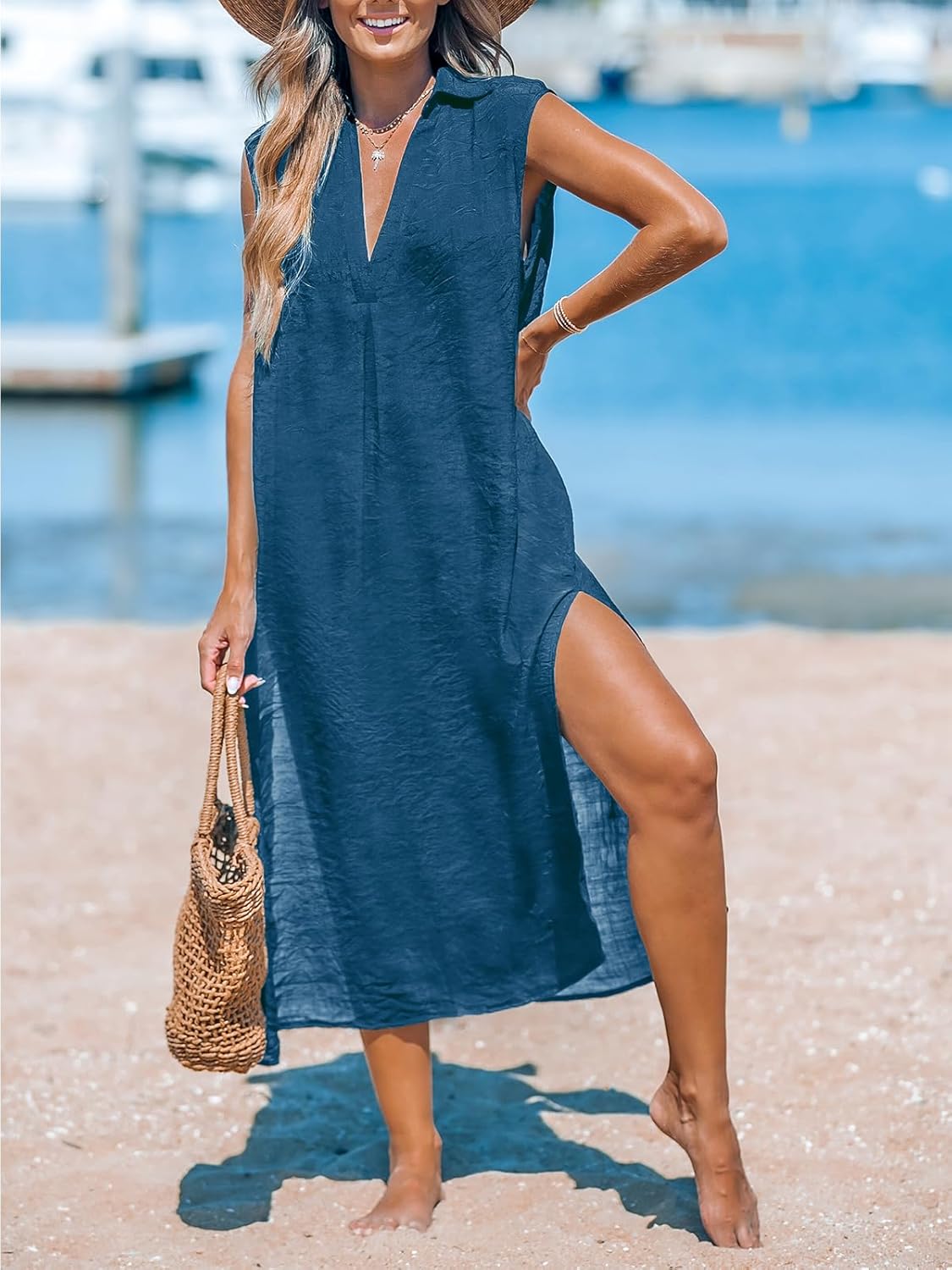 CUPSHE Women's Swimsuit Coverup Casual Sleeveless Side Split Long Cardigans V Neck Midi Beach Dress