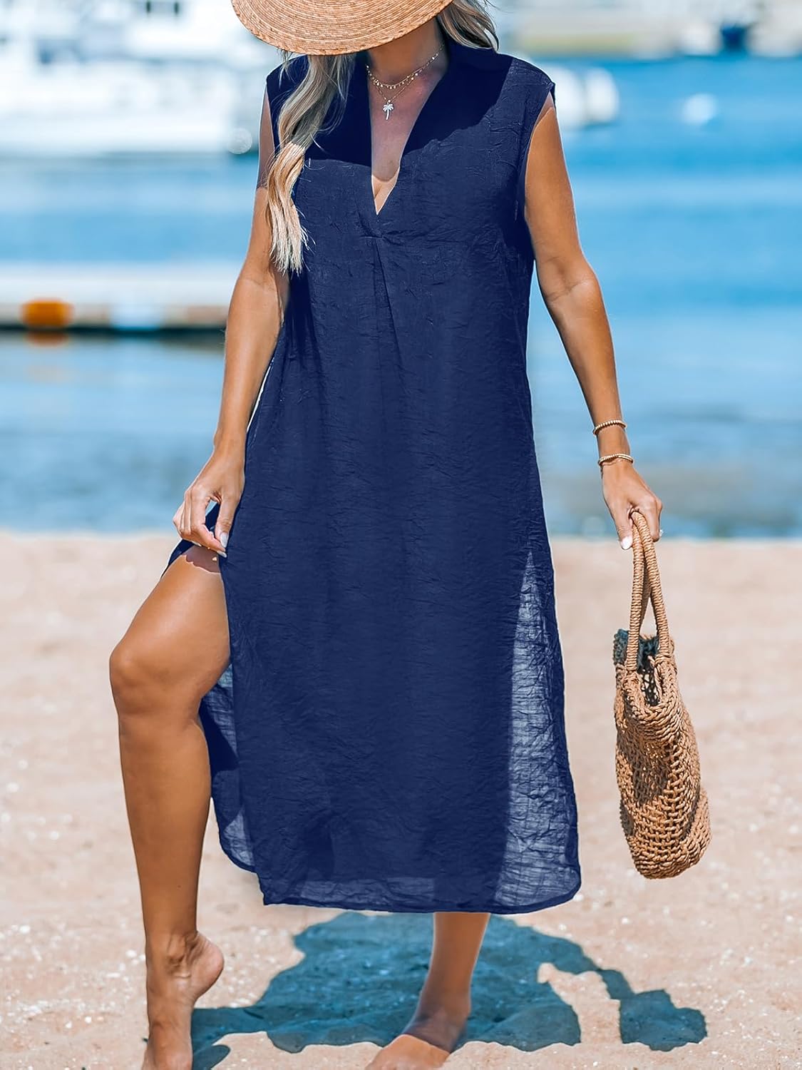 CUPSHE Women's Swimsuit Coverup Casual Sleeveless Side Split Long Cardigans V Neck Midi Beach Dress