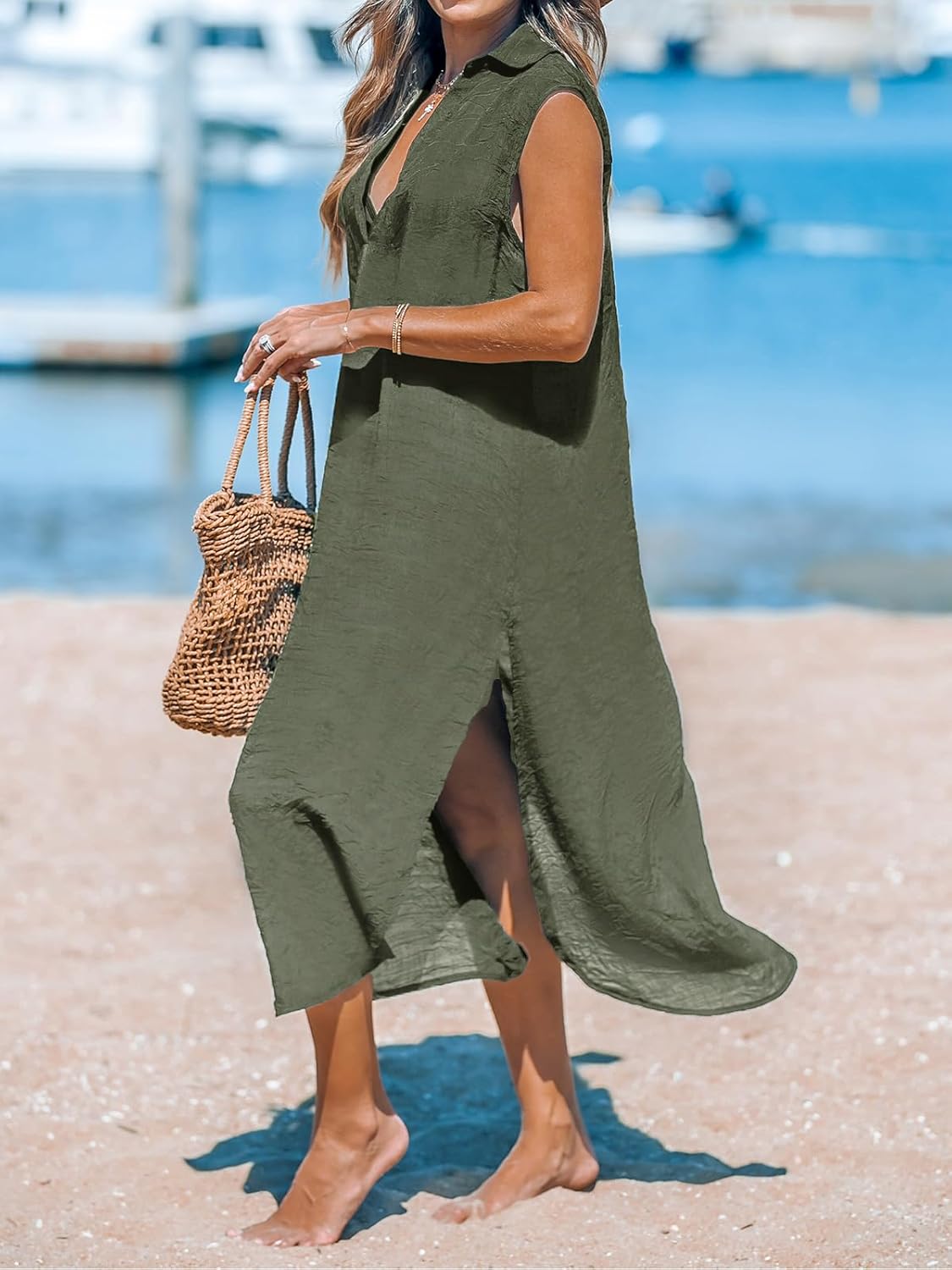 CUPSHE Women's Swimsuit Coverup Casual Sleeveless Side Split Long Cardigans V Neck Midi Beach Dress