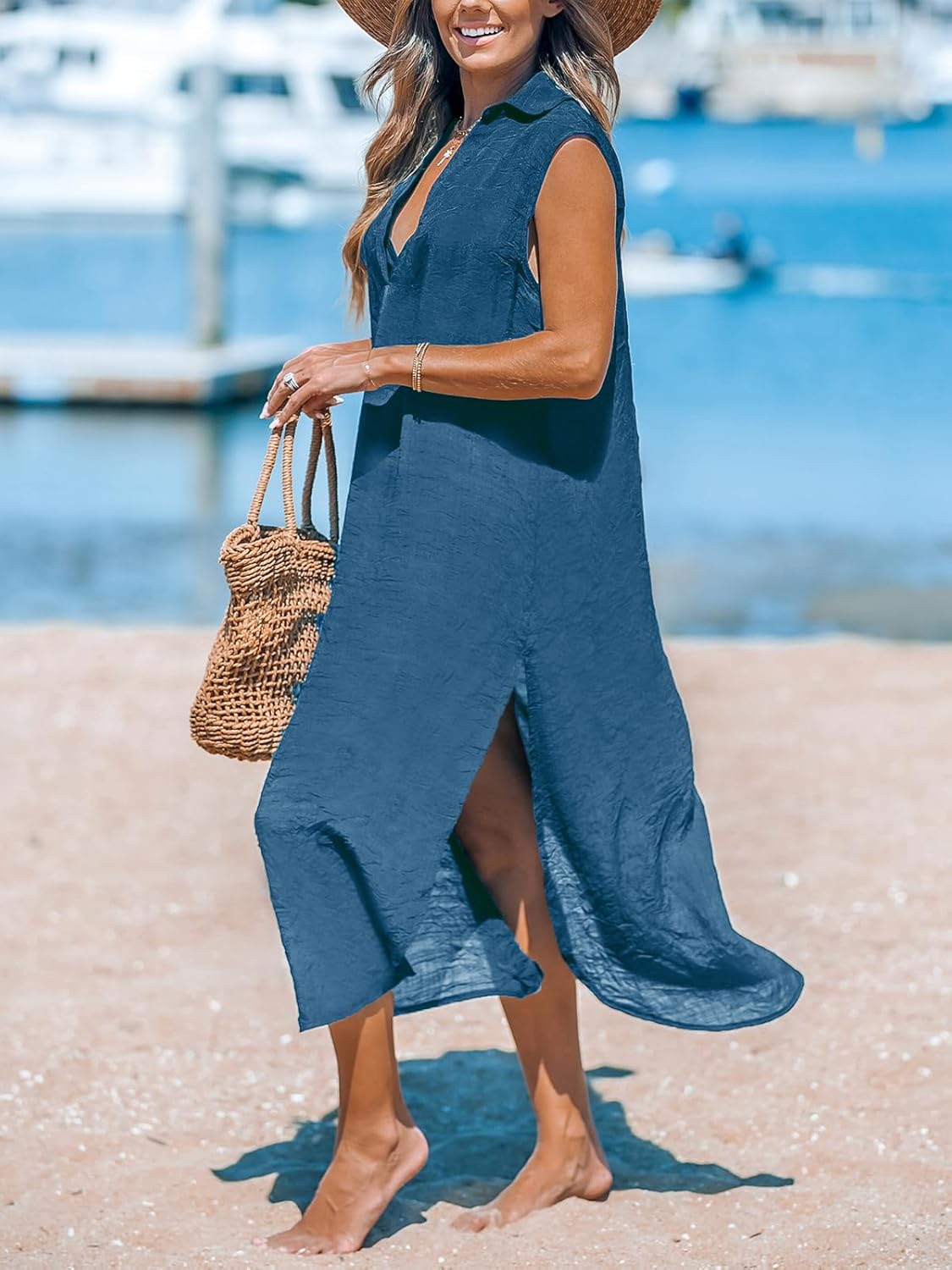 CUPSHE Women's Swimsuit Coverup Casual Sleeveless Side Split Long Cardigans V Neck Midi Beach Dress