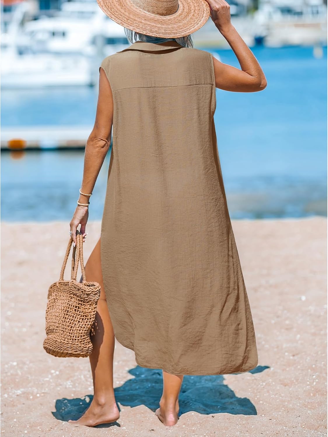 CUPSHE Women's Swimsuit Coverup Casual Sleeveless Side Split Long Cardigans V Neck Midi Beach Dress