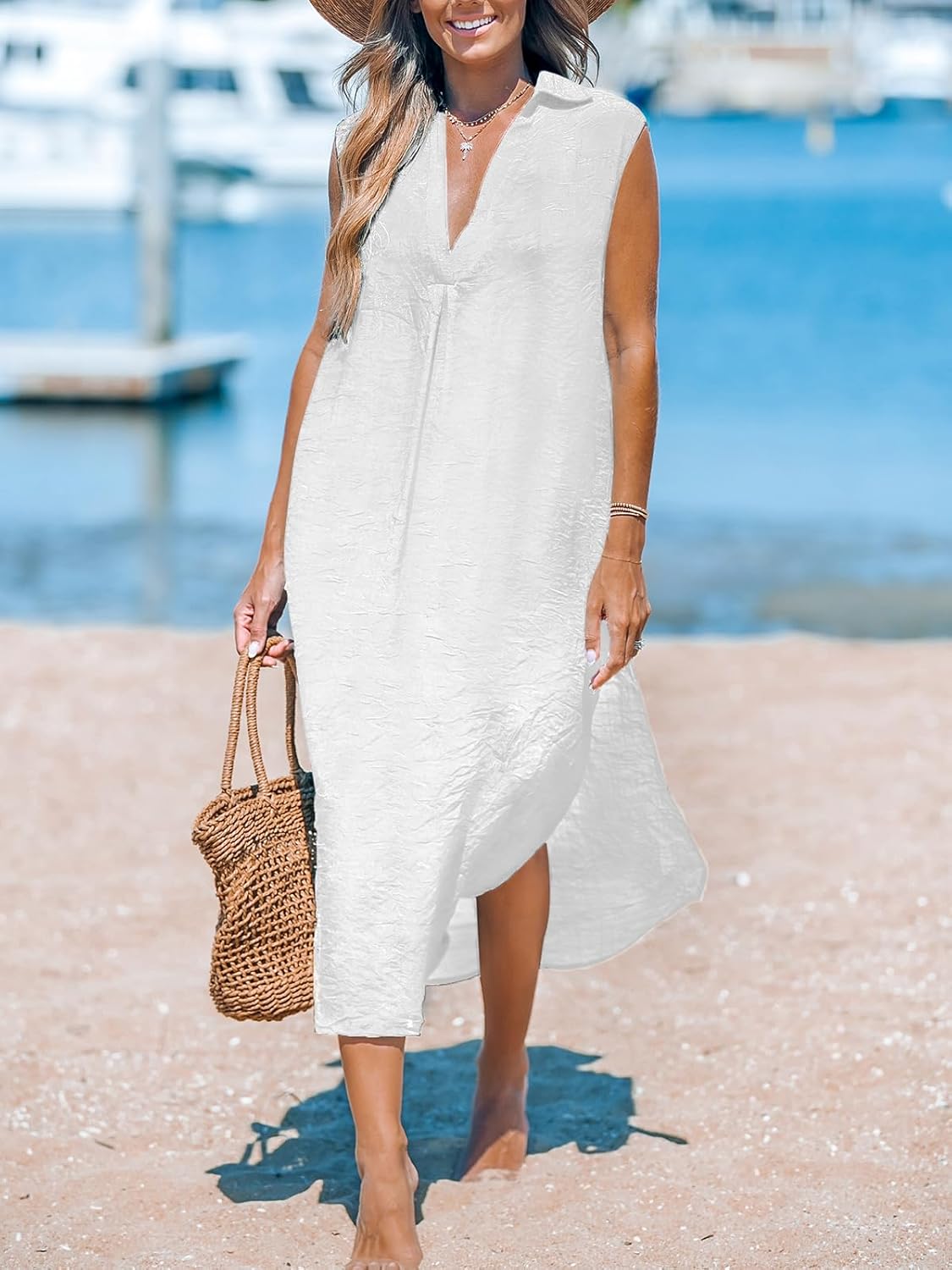 CUPSHE Women's Swimsuit Coverup Casual Sleeveless Side Split Long Cardigans V Neck Midi Beach Dress