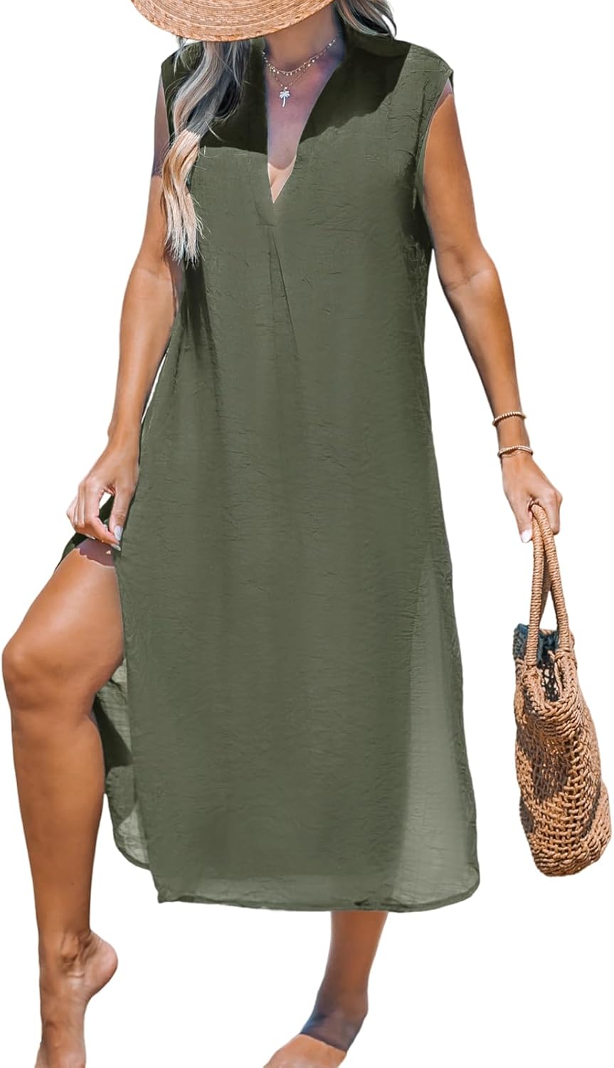 CUPSHE Women's Swimsuit Coverup Casual Sleeveless Side Split Long Cardigans V Neck Midi Beach Dress