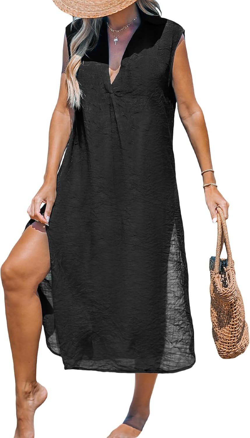 CUPSHE Women's Swimsuit Coverup Casual Sleeveless Side Split Long Cardigans V Neck Midi Beach Dress