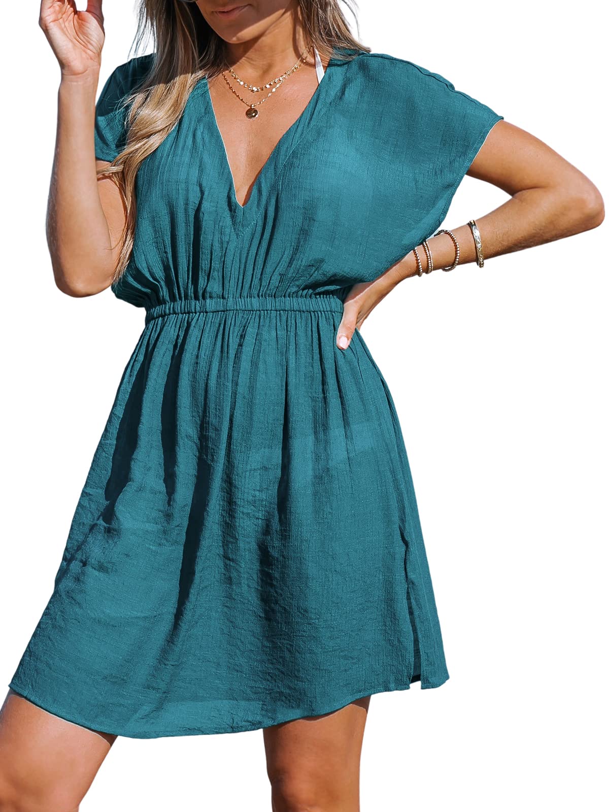 CUPSHE Women's Swimsuit Coverup Casual V Neck Beach Dress Short Sleeve Elastic Waist Swimwear Cover Ups 2025 Beachwear