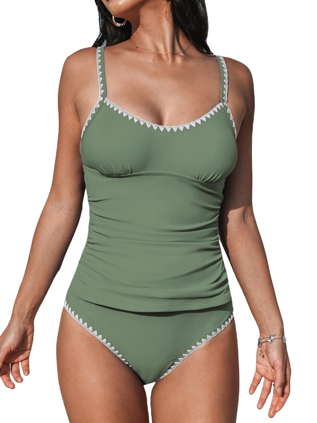 CUPSHE Women's Tankini Sets Two Piece Swimsuit Scoop Neck Mid Rise Adjustable Straps Shell Stitched (XS-4XL)