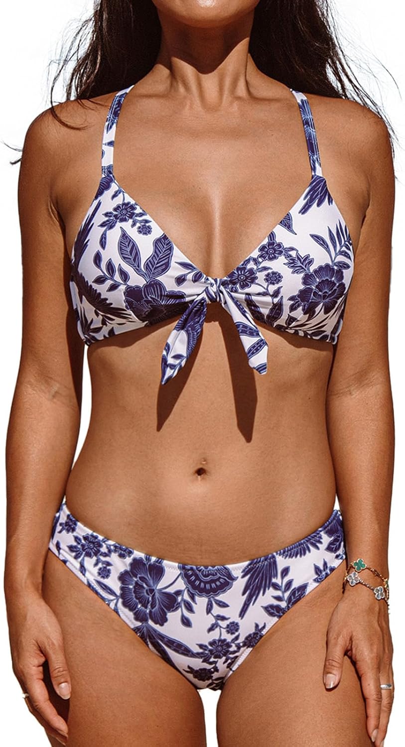 CUPSHE Women's Two Piece Bikini Set Floral Print Knot Bunny Tie