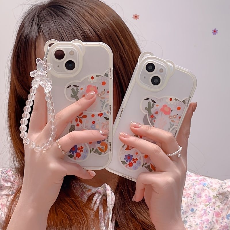 Cute Cartoon 3D 3D Bear Ear Flower Transparent Hang Phone Chain Silicone Case For Iphone 13 11 14 Pro Max 12 XR X XS 7 8 Plus SE2020 2022 SE MiNi Protective Clear Soft Back Cover