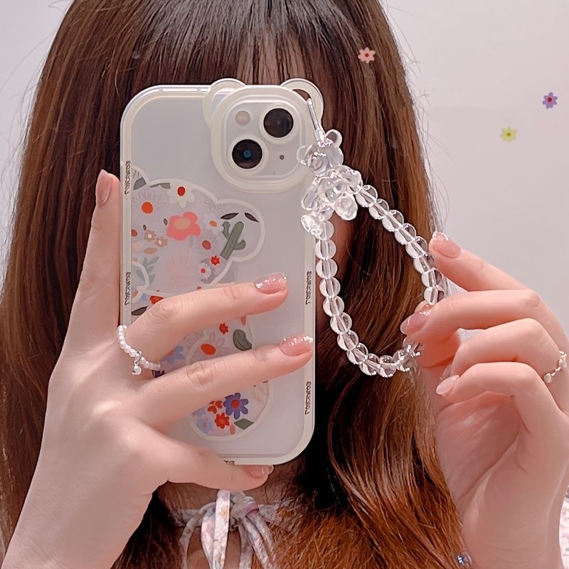 Cute Cartoon 3D 3D Bear Ear Flower Transparent Hang Phone Chain Silicone Case For Iphone 13 11 14 Pro Max 12 XR X XS 7 8 Plus SE2020 2022 SE MiNi Protective Clear Soft Back Cover