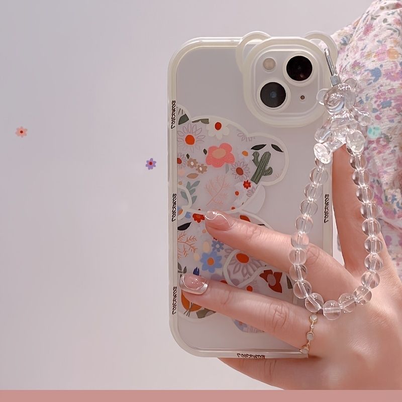 Cute Cartoon 3D 3D Bear Ear Flower Transparent Hang Phone Chain Silicone Case For Iphone 13 11 14 Pro Max 12 XR X XS 7 8 Plus SE2020 2022 SE MiNi Protective Clear Soft Back Cover
