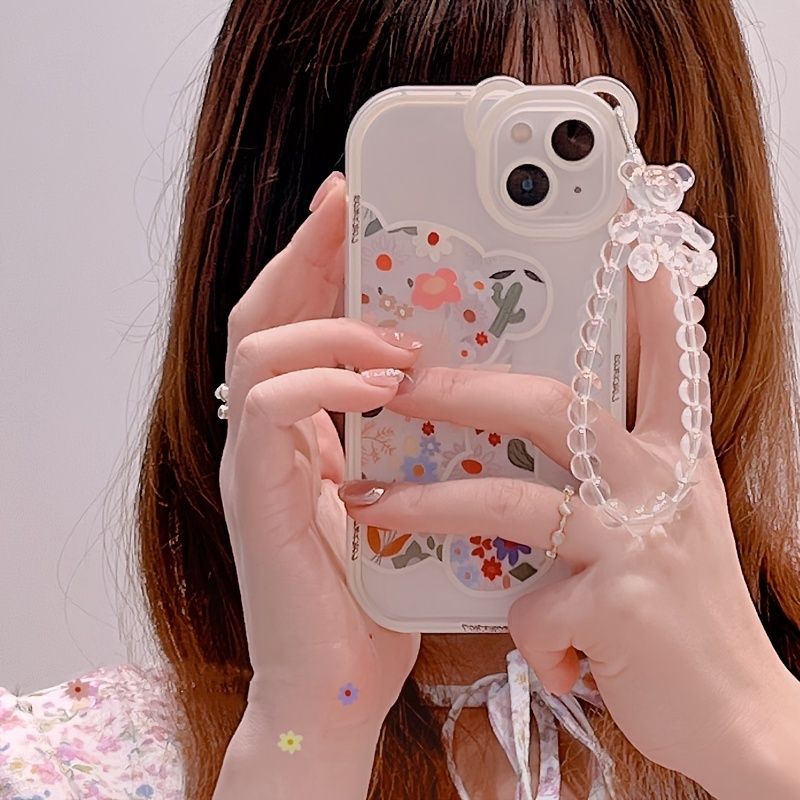 Cute Cartoon 3D 3D Bear Ear Flower Transparent Hang Phone Chain Silicone Case For Iphone 13 11 14 Pro Max 12 XR X XS 7 8 Plus SE2020 2022 SE MiNi Protective Clear Soft Back Cover