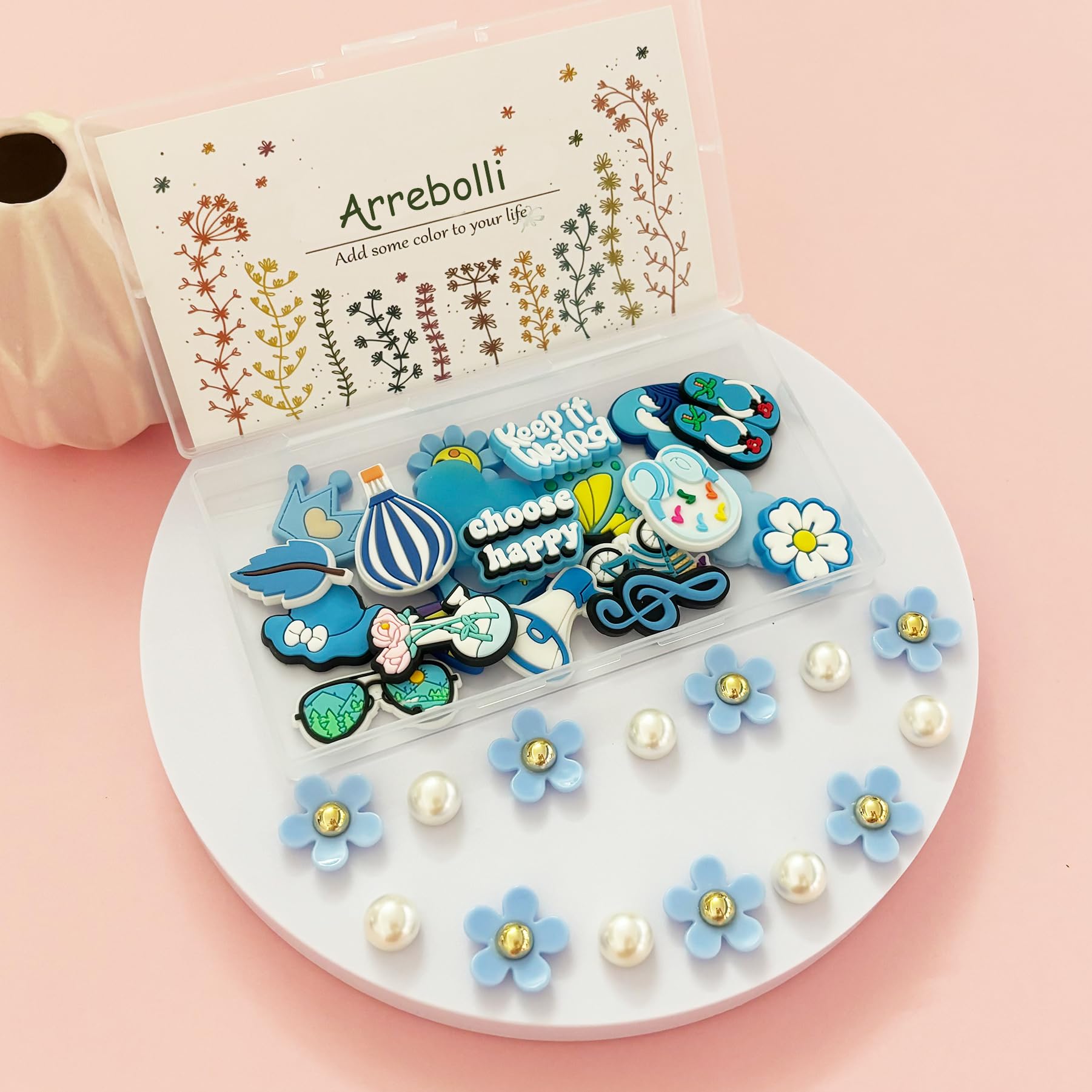 Cute Flower Shoe Charms for Girls, 34Pcs Pink Hippie PVC Shoe Decoration Charms for Clog Sandals, DIY Pearl Accessories for Party Favor