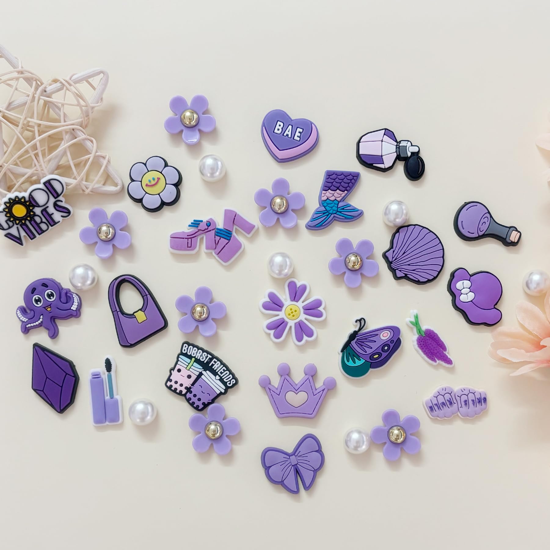 Cute Flower Shoe Charms for Girls, 34Pcs Pink Hippie PVC Shoe Decoration Charms for Clog Sandals, DIY Pearl Accessories for Party Favor