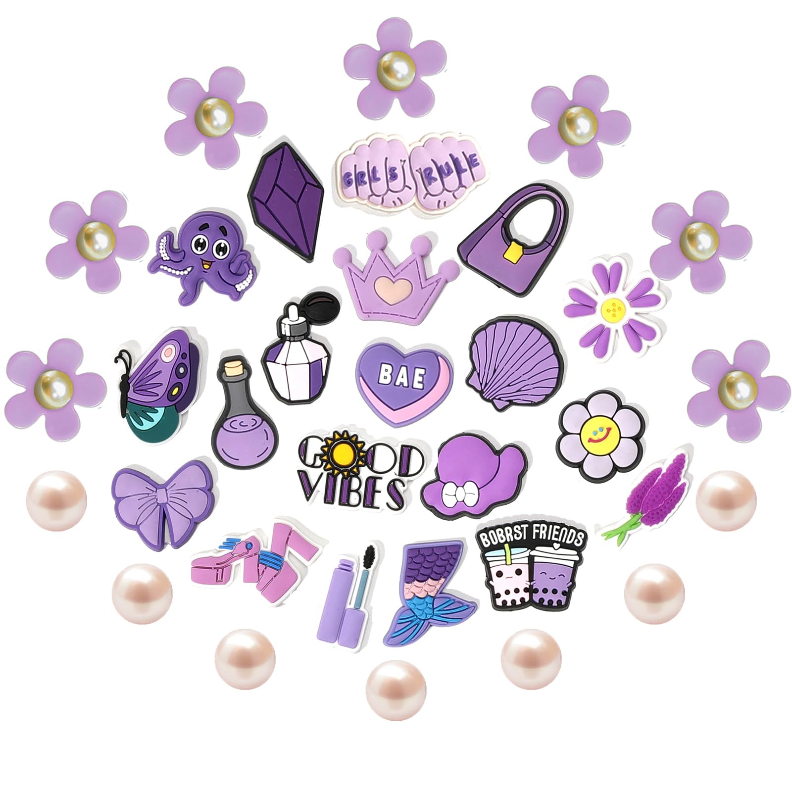 Cute Flower Shoe Charms for Girls, 34Pcs Pink Hippie PVC Shoe Decoration Charms for Clog Sandals, DIY Pearl Accessories for Party Favor