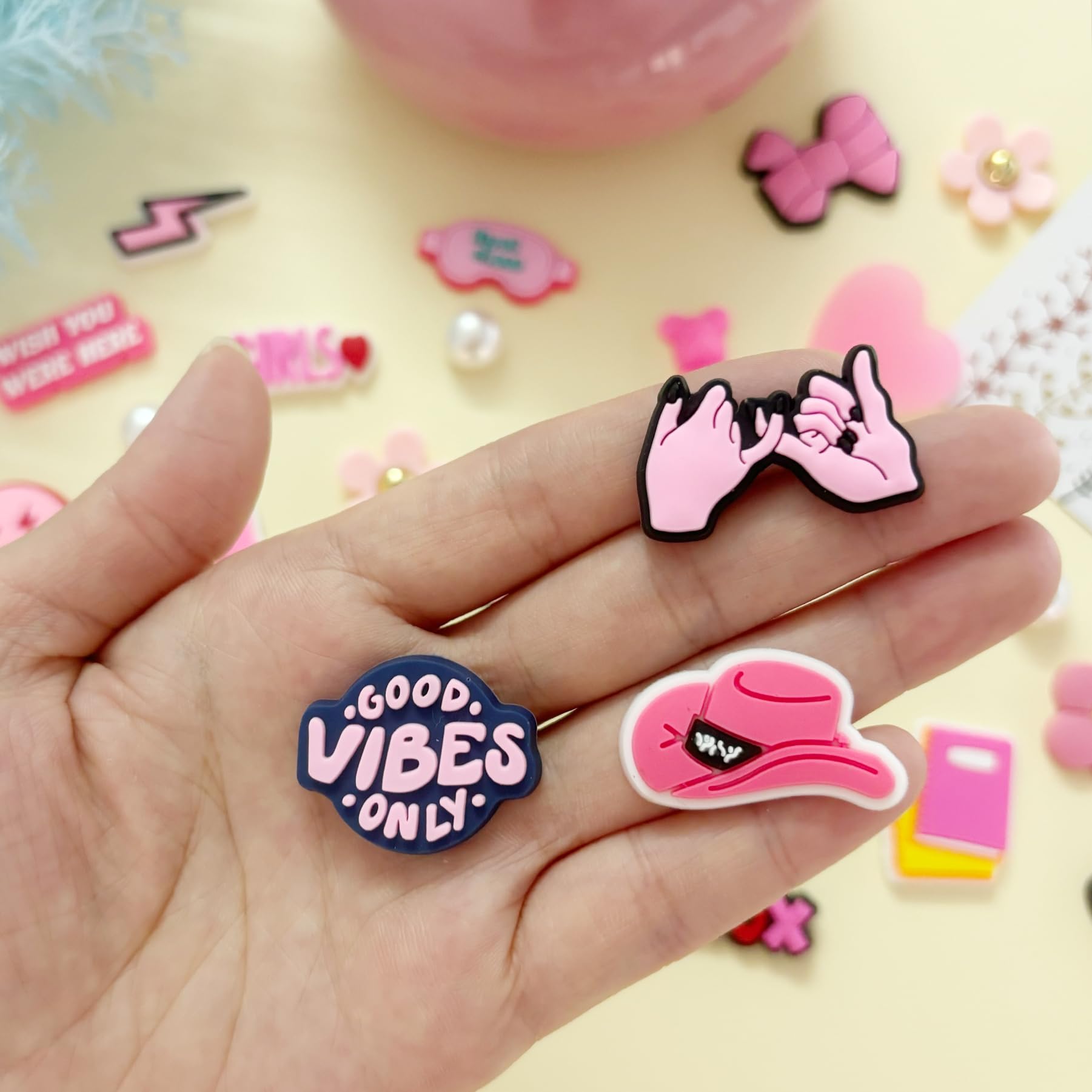 Cute Flower Shoe Charms for Girls, 34Pcs Pink Hippie PVC Shoe Decoration Charms for Clog Sandals, DIY Pearl Accessories for Party Favor