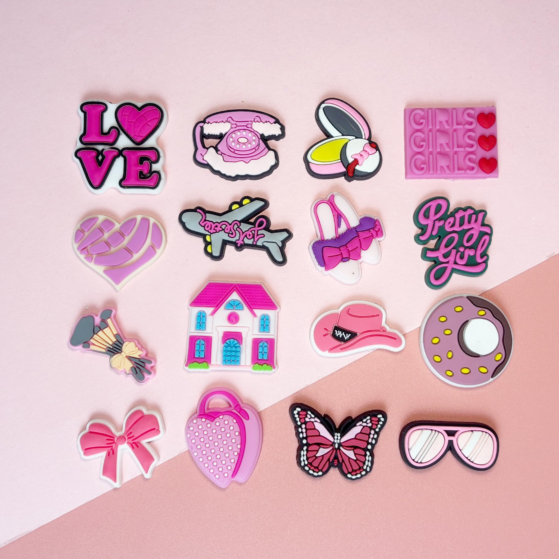 Cute Flower Shoe Charms for Girls, 34Pcs Pink Hippie PVC Shoe Decoration Charms for Clog Sandals, DIY Pearl Accessories for Party Favor