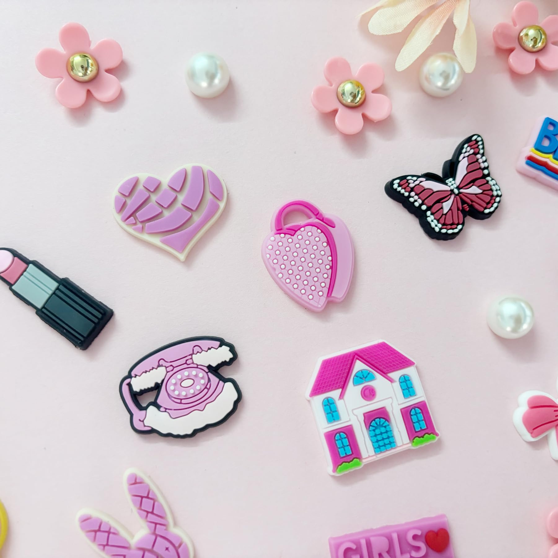 Cute Flower Shoe Charms for Girls, 34Pcs Pink Hippie PVC Shoe Decoration Charms for Clog Sandals, DIY Pearl Accessories for Party Favor