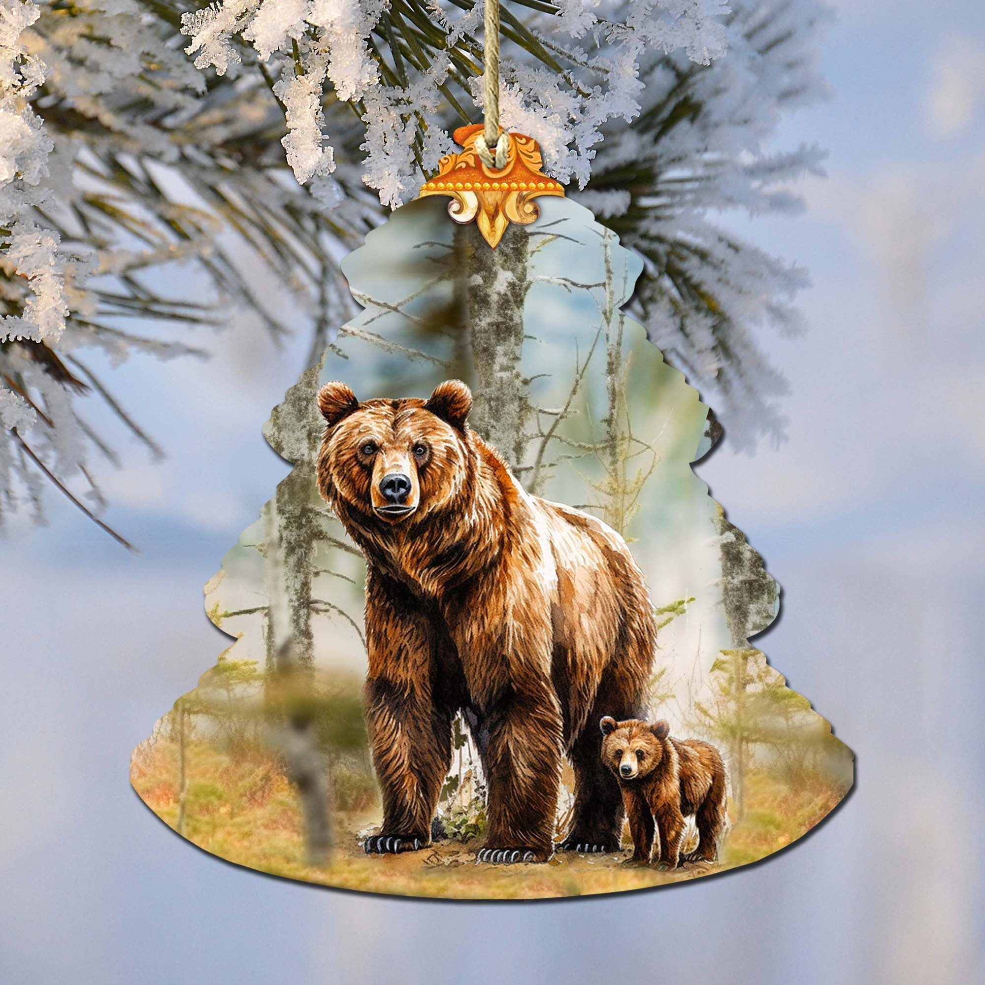 Forest Grizzly Bond Tree Wooden Ornaments by G.Debrekht - Wildlife Holiday Decor - 870010