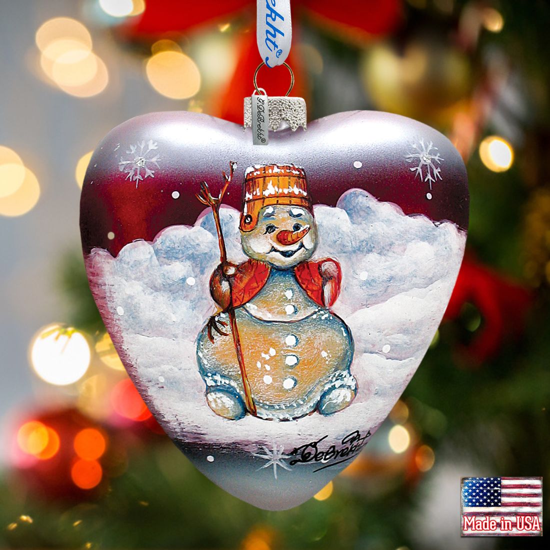 Snowman Heart Glass Ornament by G. DeBrekht - Christmas Santa Snowman Decor - 73331