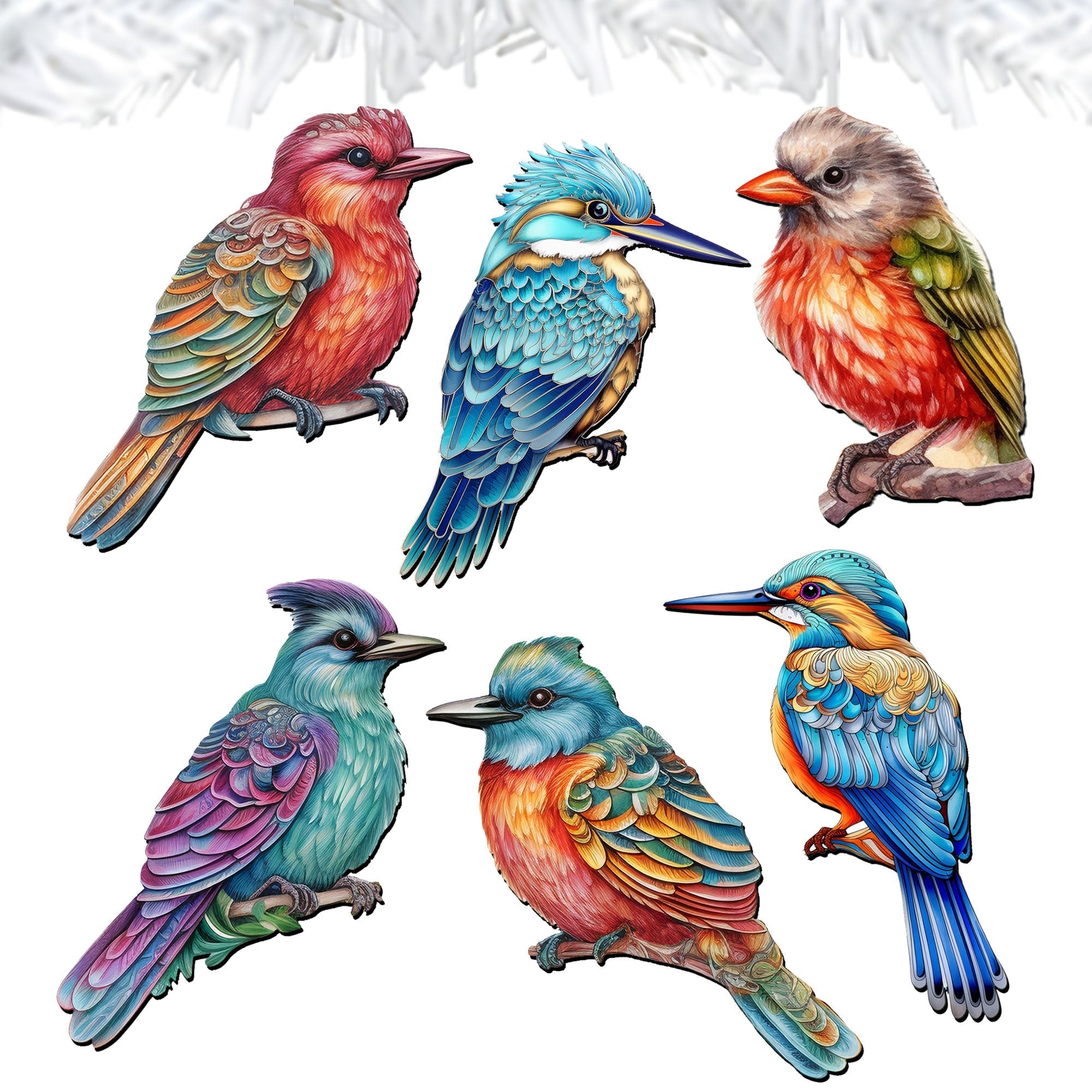 Colorful Birds Decorative Wooden Clip-on Ornaments of 6 by G. Debrekht - Christmas Decor - 8090003C-S6