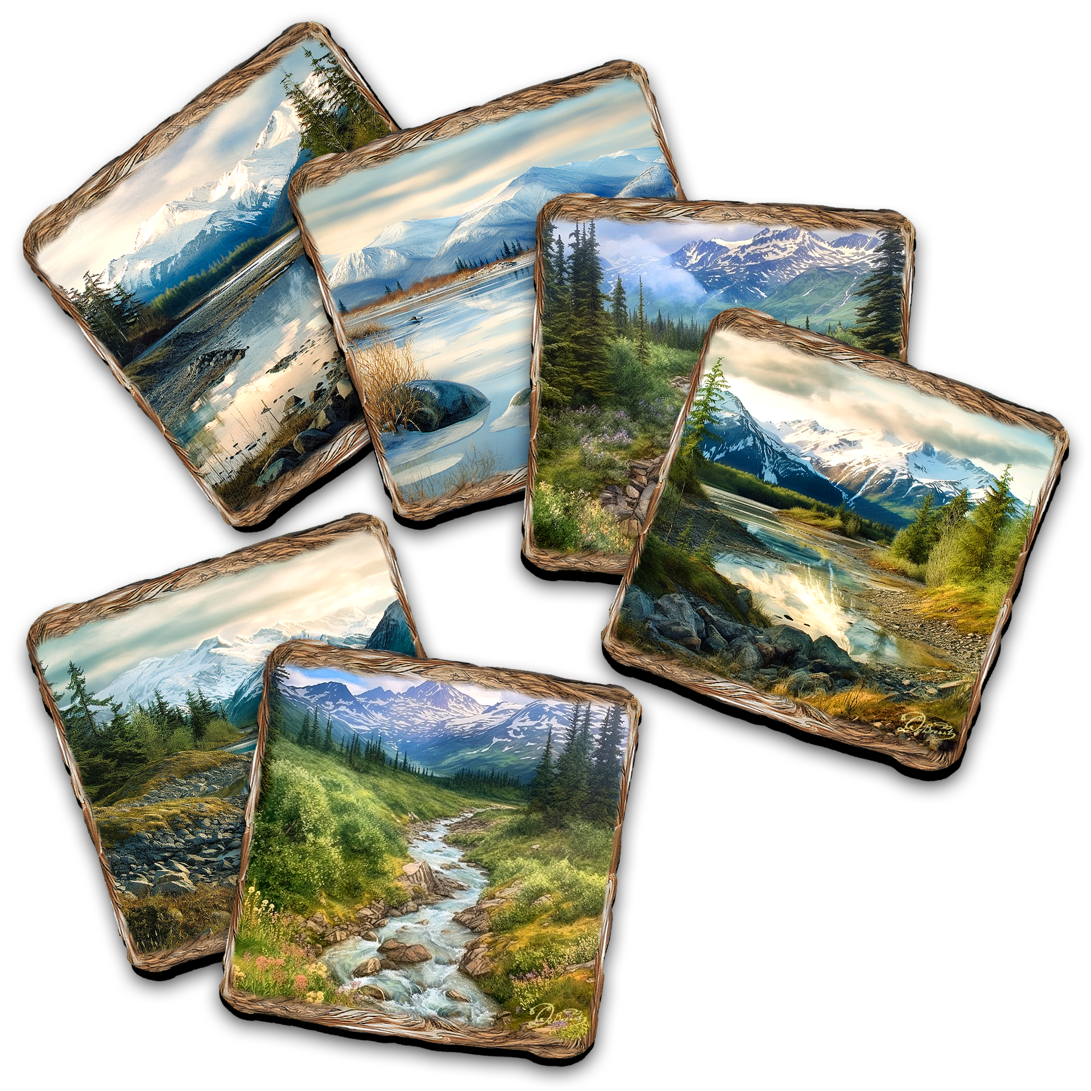 Mountain River Wooden Cork Placemat and Coasters Gift Set of 7 by Nature Wonders Nature Wildlife Decor  - 85407C-S7