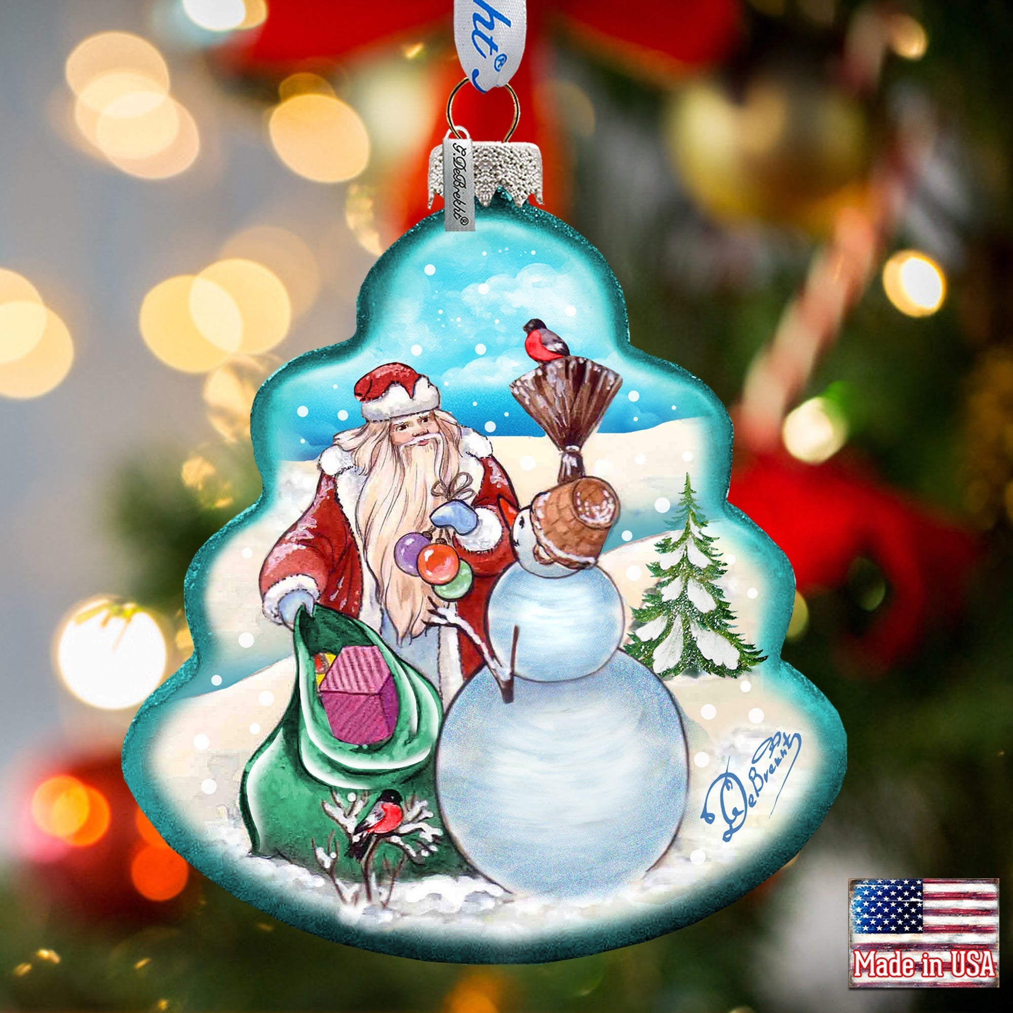 Santa with Snowman Tree Glass Ornament by G. DeBrekht - Christmas Santa Snowman Decor - 762-011