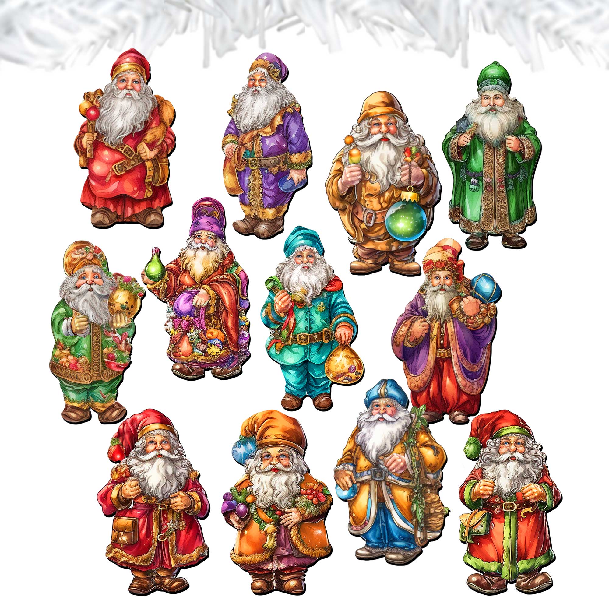 Colorful Santa Decorative Wooden Clip-on Ornaments Set of 12 by G. Debrekht - Christmas Decor - 8090050C-S12