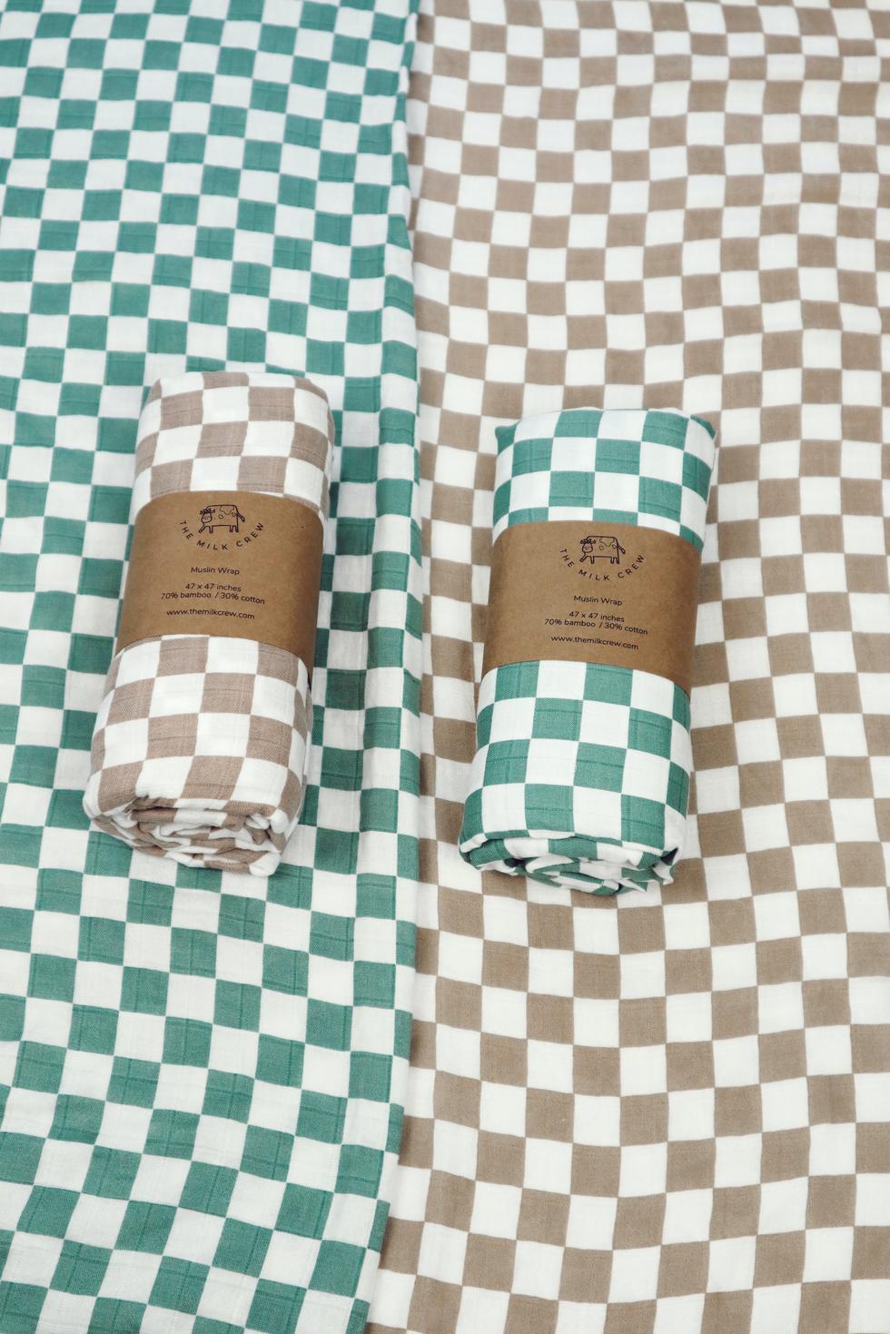 Bamboo Muslin Swaddle Blanket - Checkerboard Green