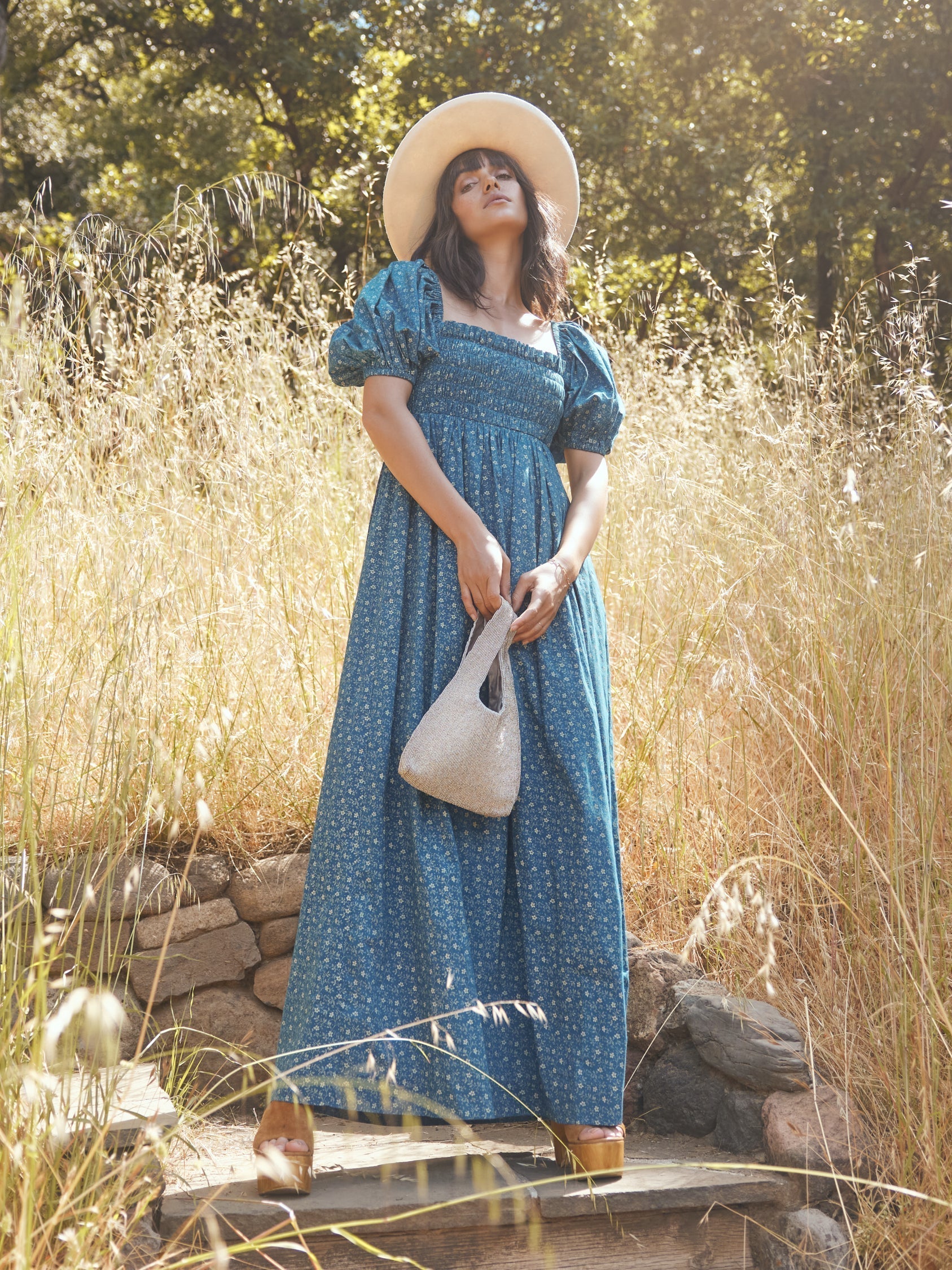 Aurora Puff Sleeve Maxi Dress - Queen Blue/Mini Alabaster Floral print