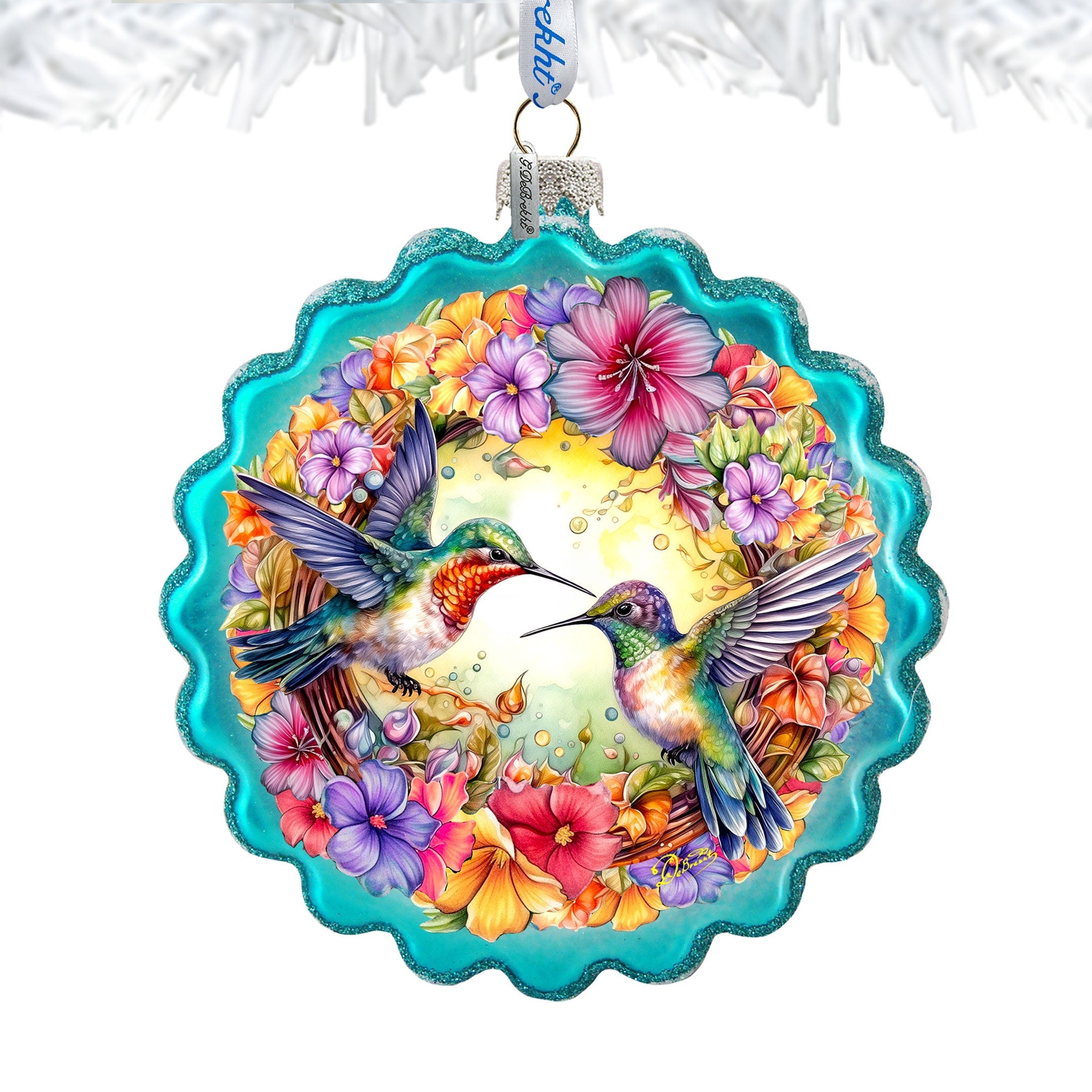 Hummingbirds Wreath Glass Ornament by G. Debrekht - Wildlife Holiday Decor - 759-061
