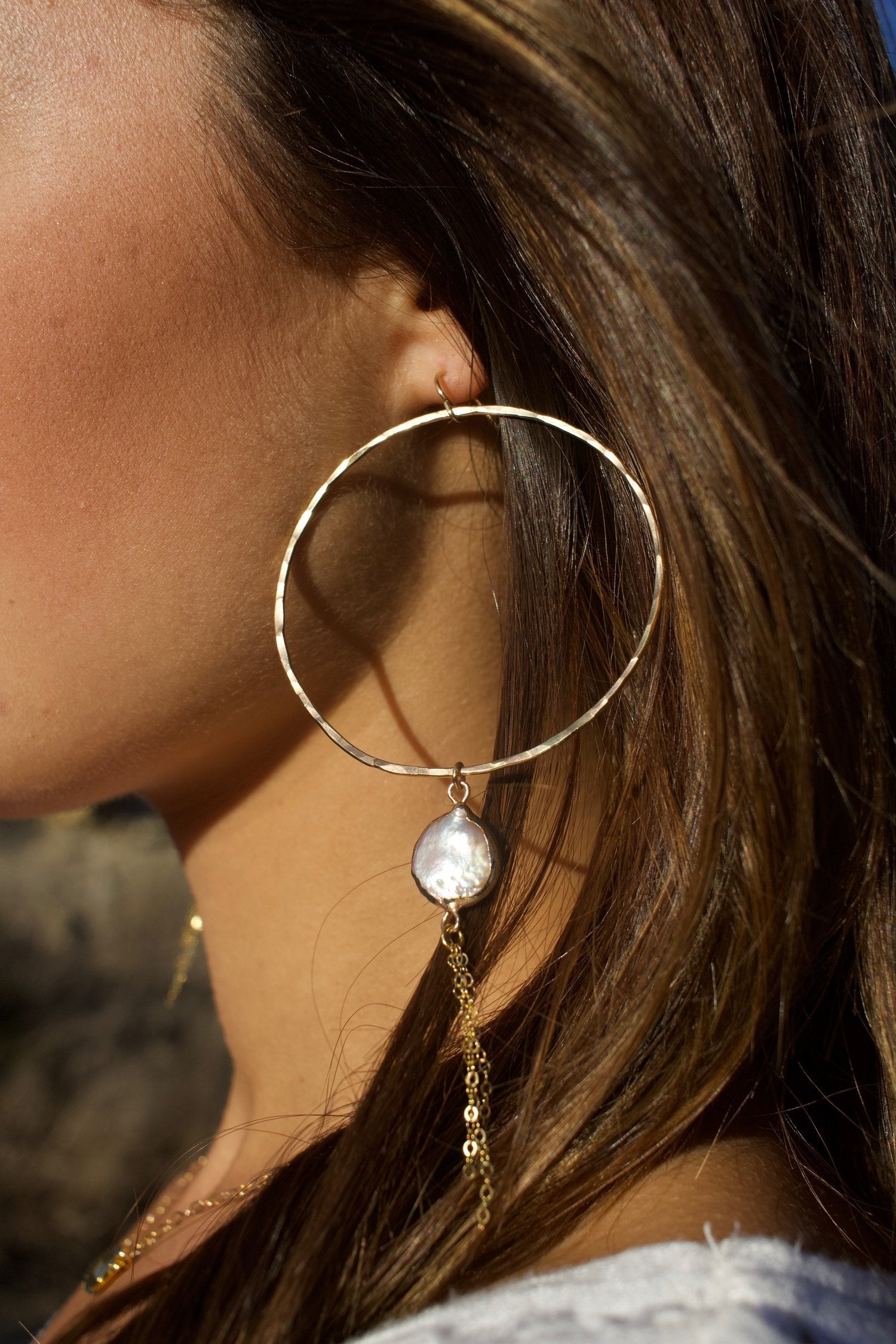 Dainty Baroque Pearl Hoops with Gold Tassels by Toasted Jewelry