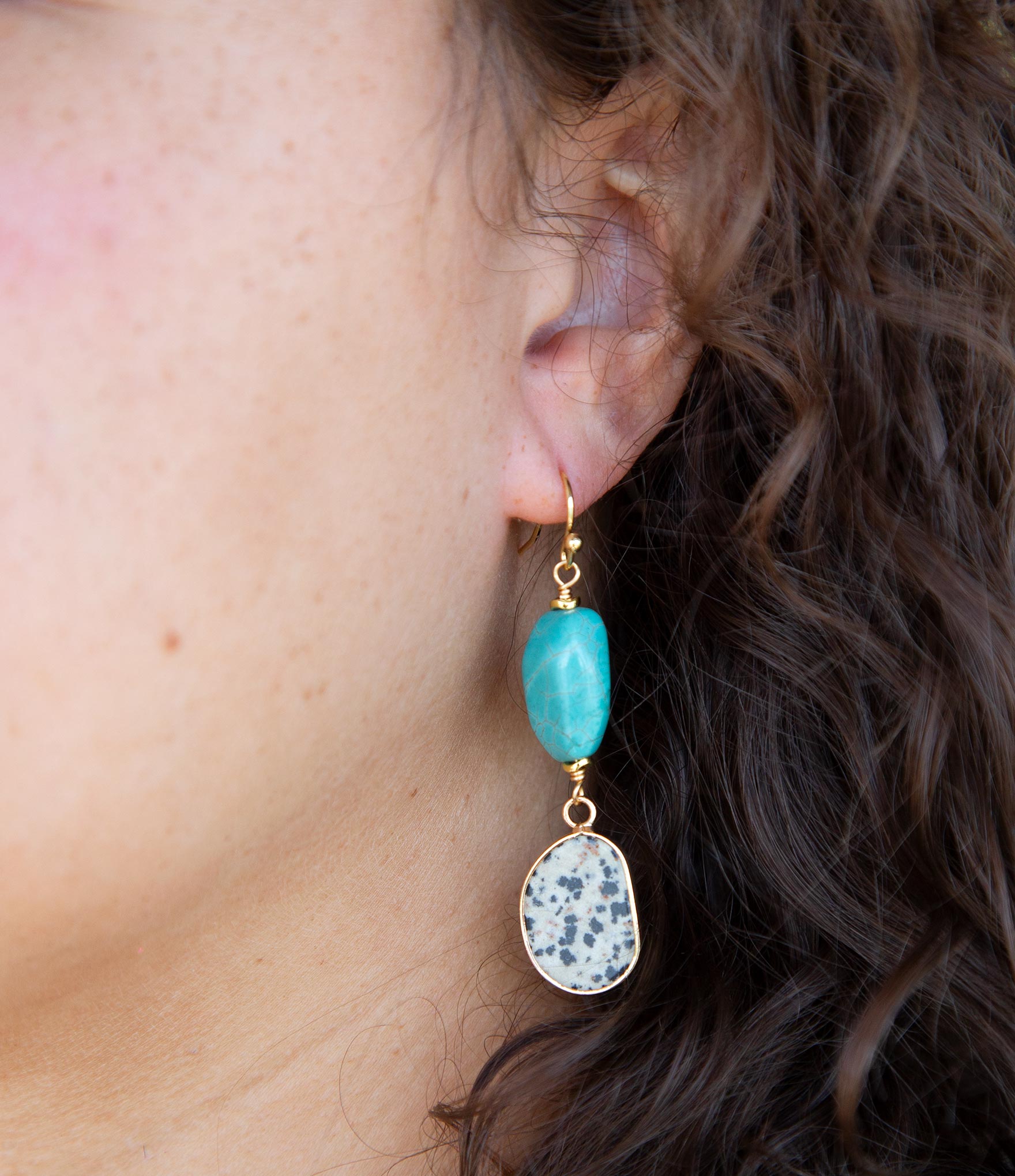Dalmatian Jasper Blue Magnesite Golden Drop Earrings