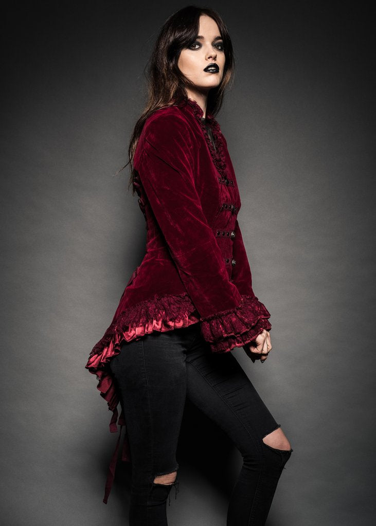Red Velvet Steampunk Jacket Gothic Tail Coat