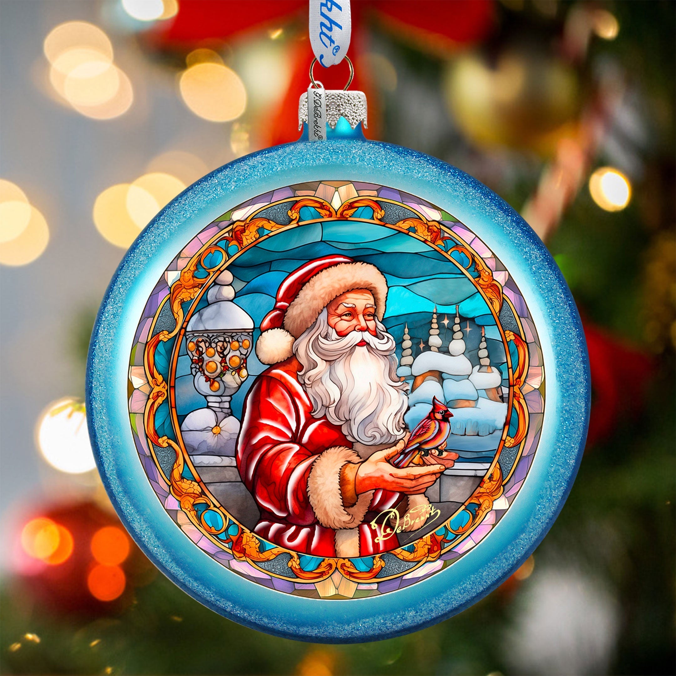 Santa's Red-feathered Friend Glass Ornament by G. DeBrekht - Christmas Santa Snowman Decor - 744-046
