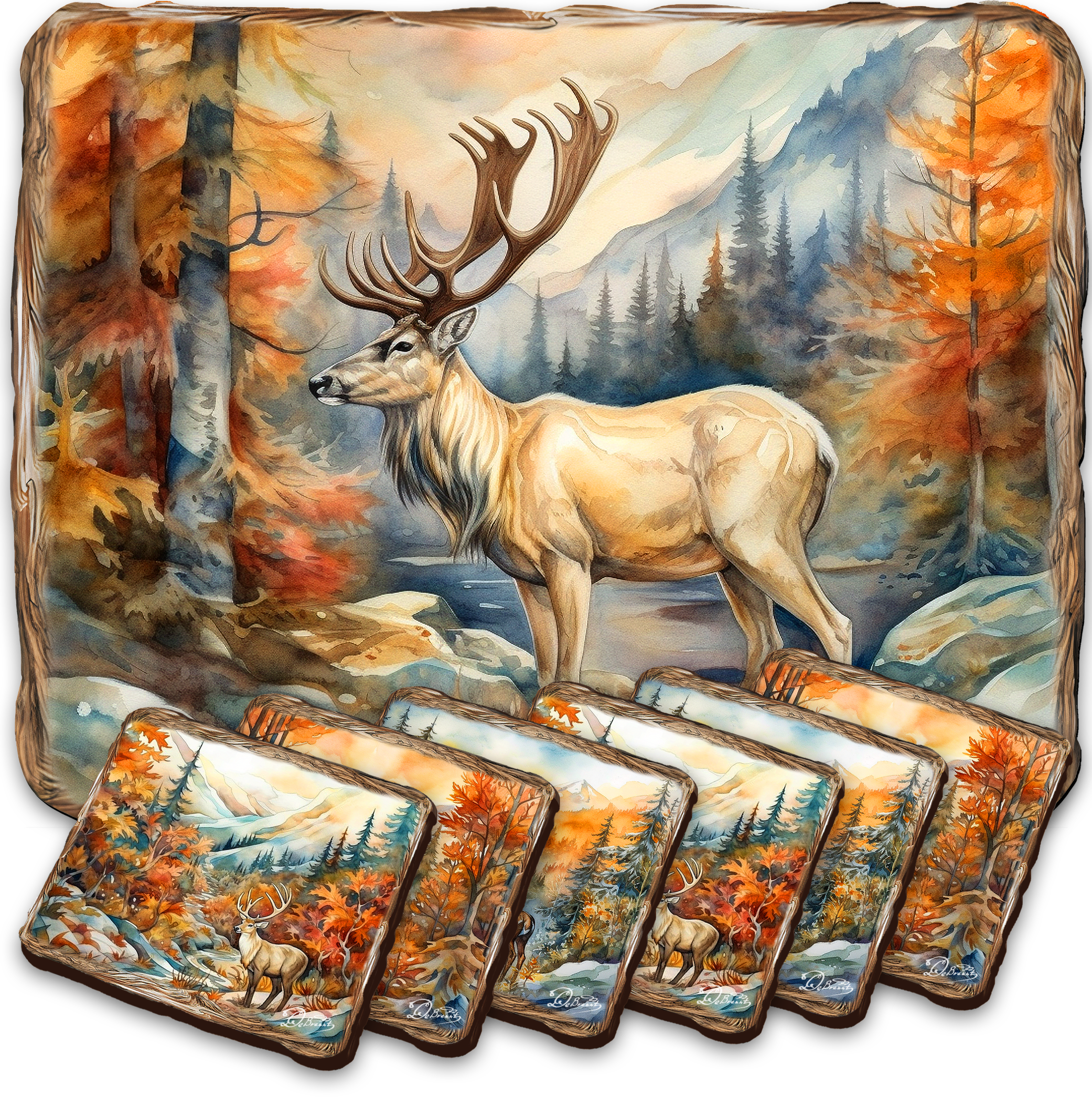 Caribou Wooden Cork Placemat and Coasters Gift Set of 7 by Nature Wonders Nature Wildlife Décor  - 85408C-S7